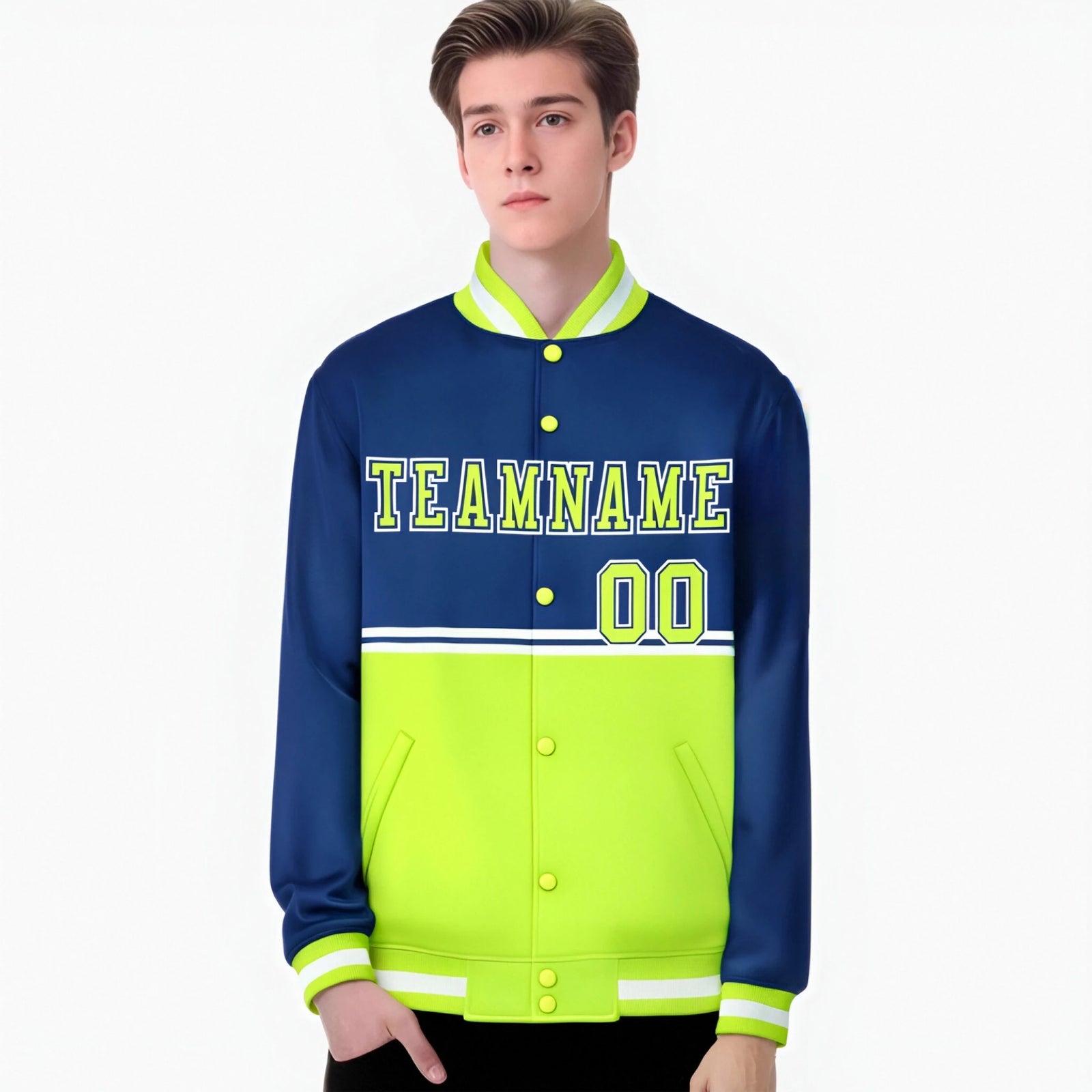 Custom Royal Blue-Fluorescent Green-Royal Blue Varsity Full-Snap Letterman Color-Matching Split Fashion Jacket