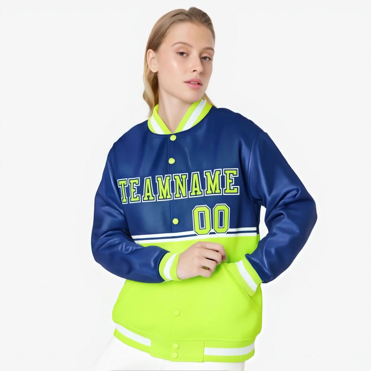 Custom Royal Blue-Fluorescent Green-Royal Blue Varsity Full-Snap Letterman Color-Matching Split Fashion Jacket
