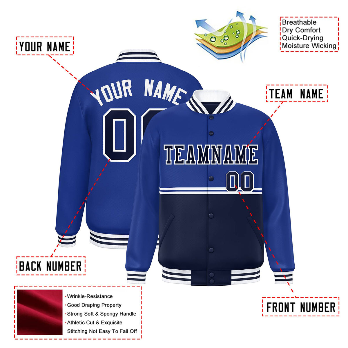 Custom Royal Blue-Navy-Royal Blue Varsity Full-Snap Letterman Color-Matching Split Fashion Jacket
