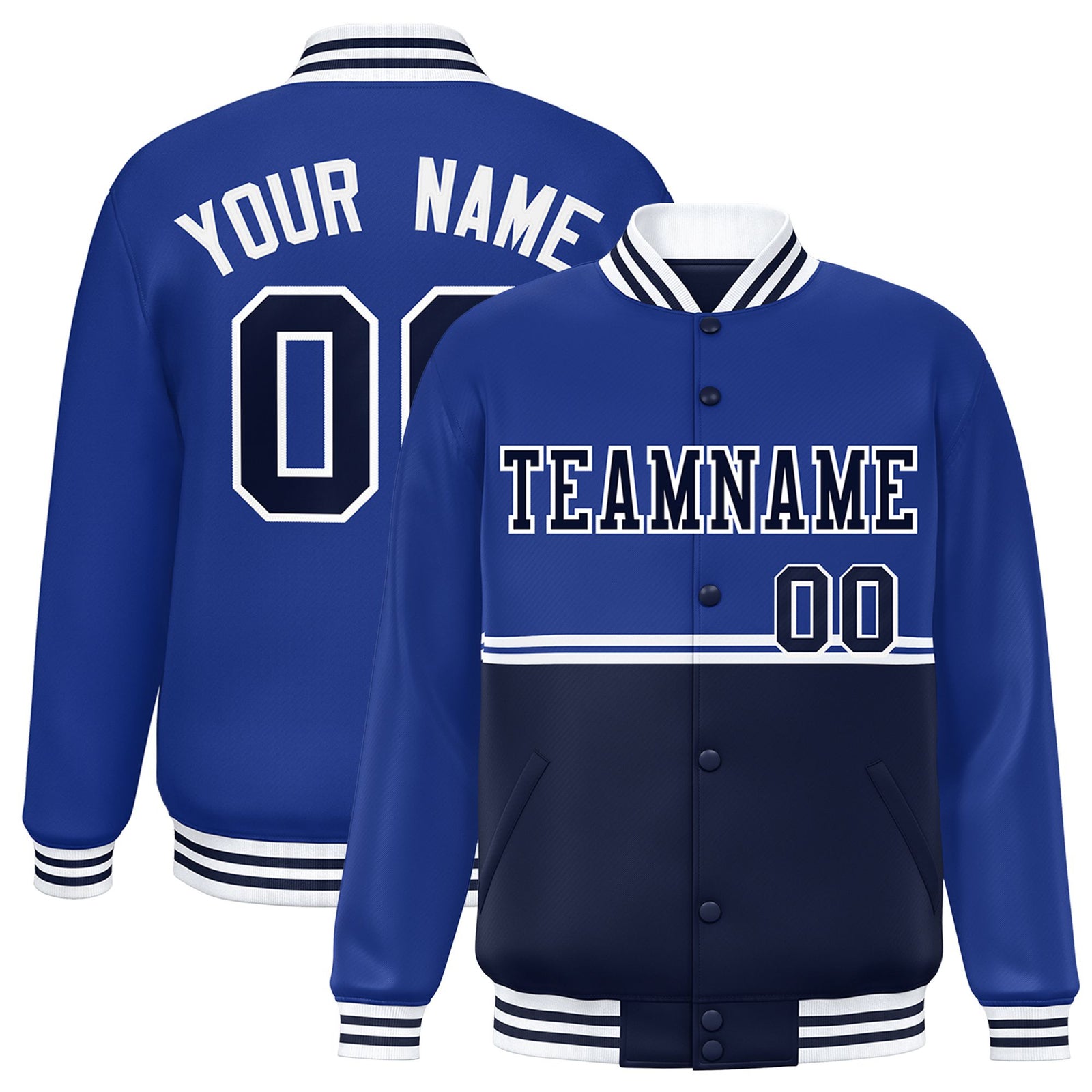 Custom Royal Blue-Navy-Royal Blue Varsity Full-Snap Letterman Color-Matching Split Fashion Jacket