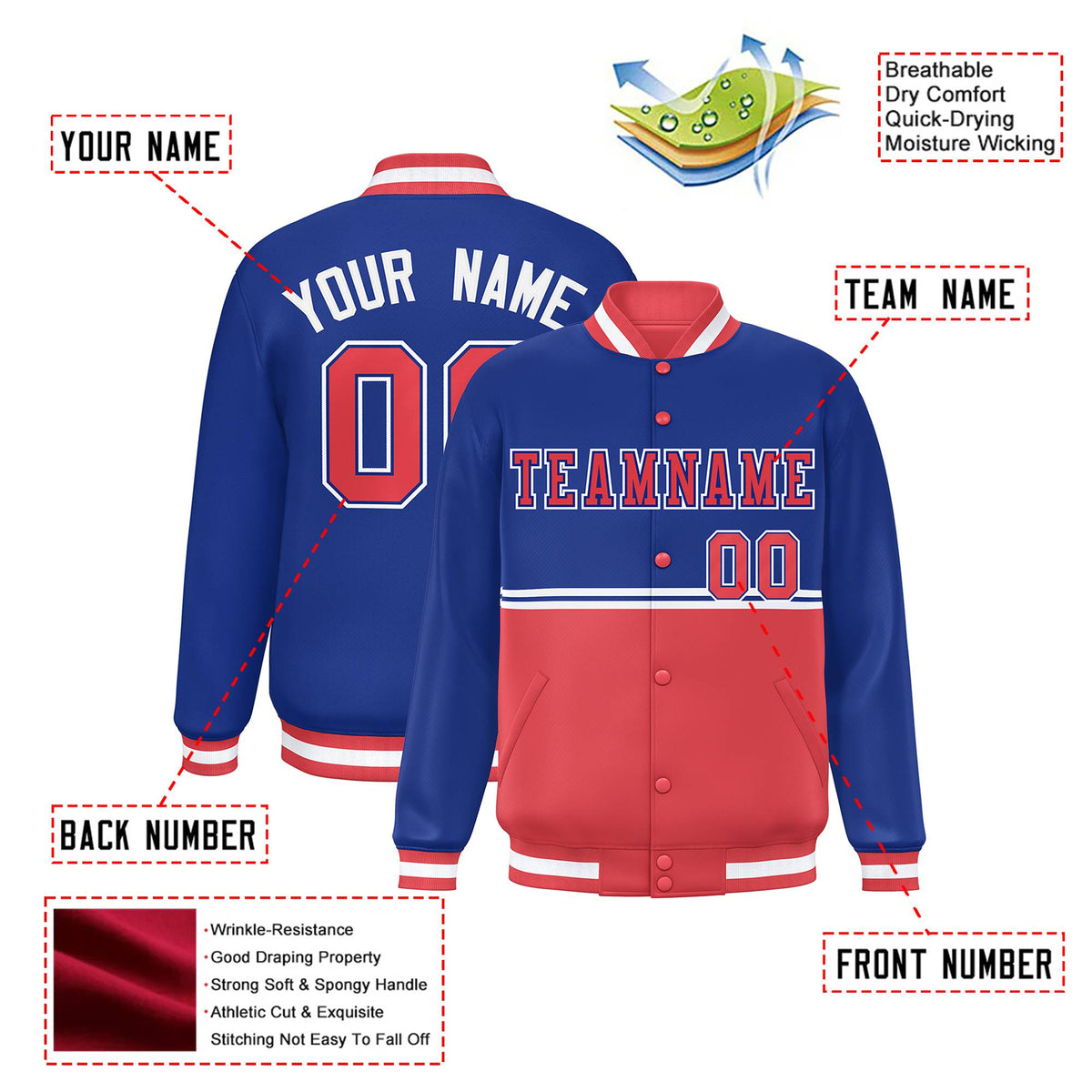 Custom Royal Blue-Light Red-Royal Blue Varsity Full-Snap Letterman Color-Matching Split Fashion Jacket