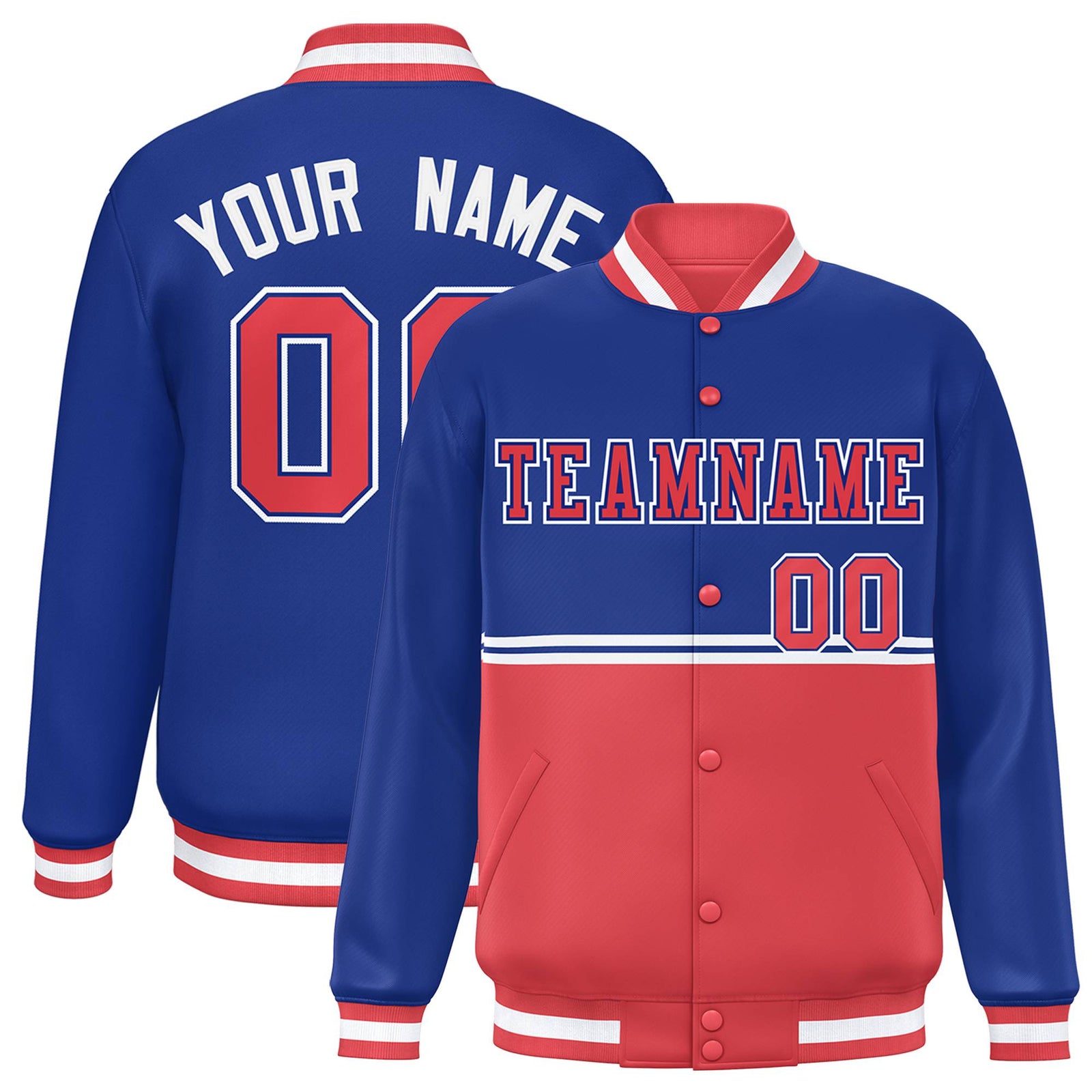 Custom Royal Blue-Light Red-Royal Blue Varsity Full-Snap Letterman Color-Matching Split Fashion Jacket