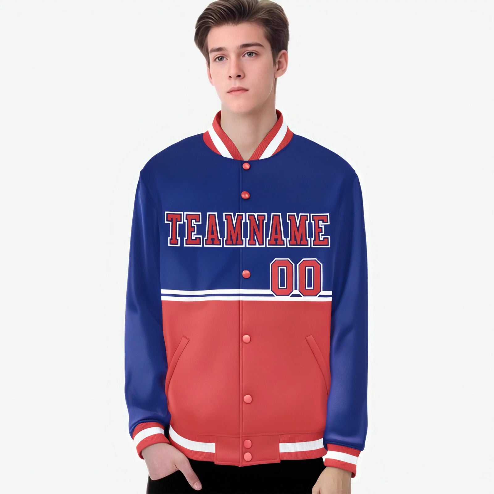 Custom Royal Blue-Light Red-Royal Blue Varsity Full-Snap Letterman Color-Matching Split Fashion Jacket