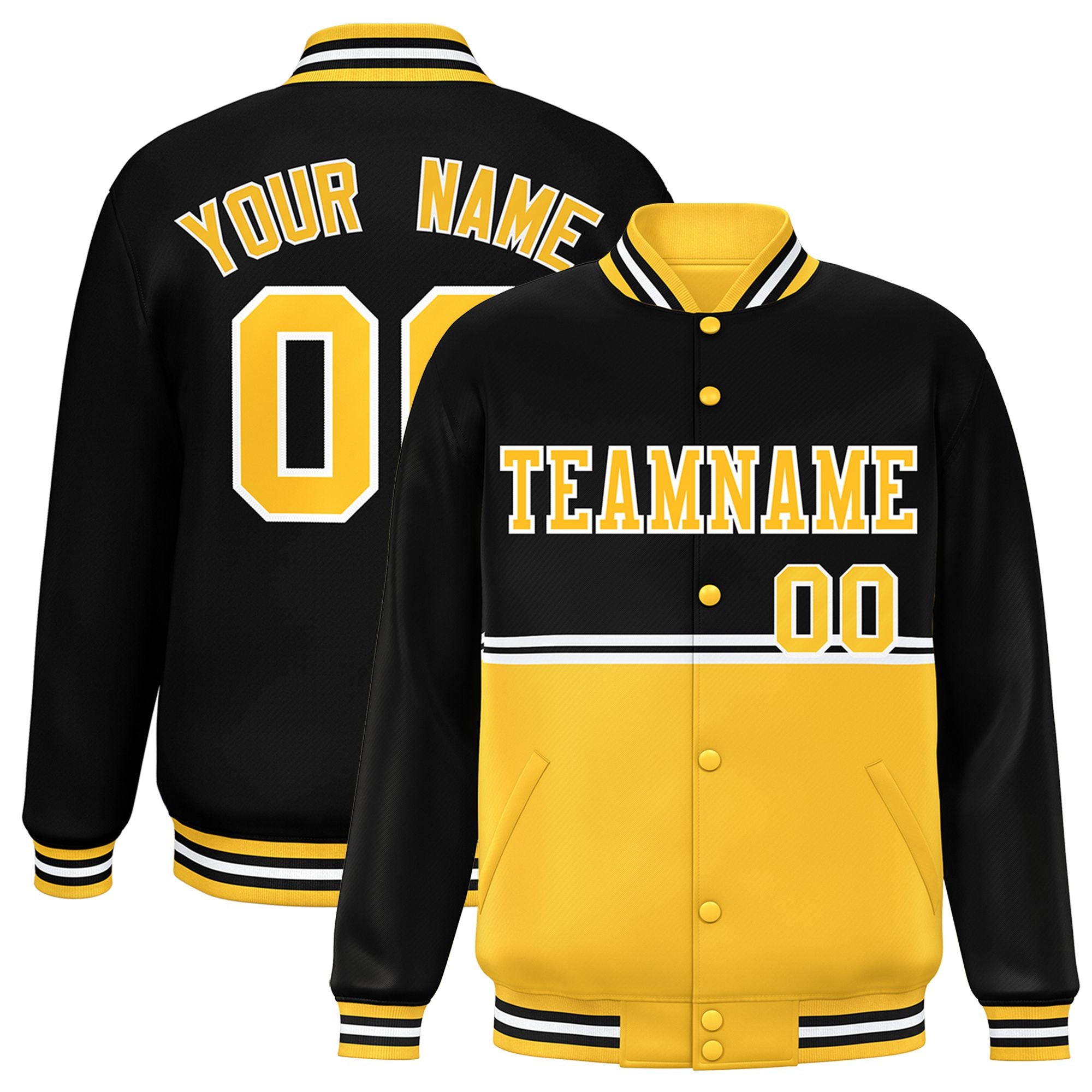 Custom Black-Gold-Black Varsity Full-Snap Letterman Color-Matching Split Fashion Jacket