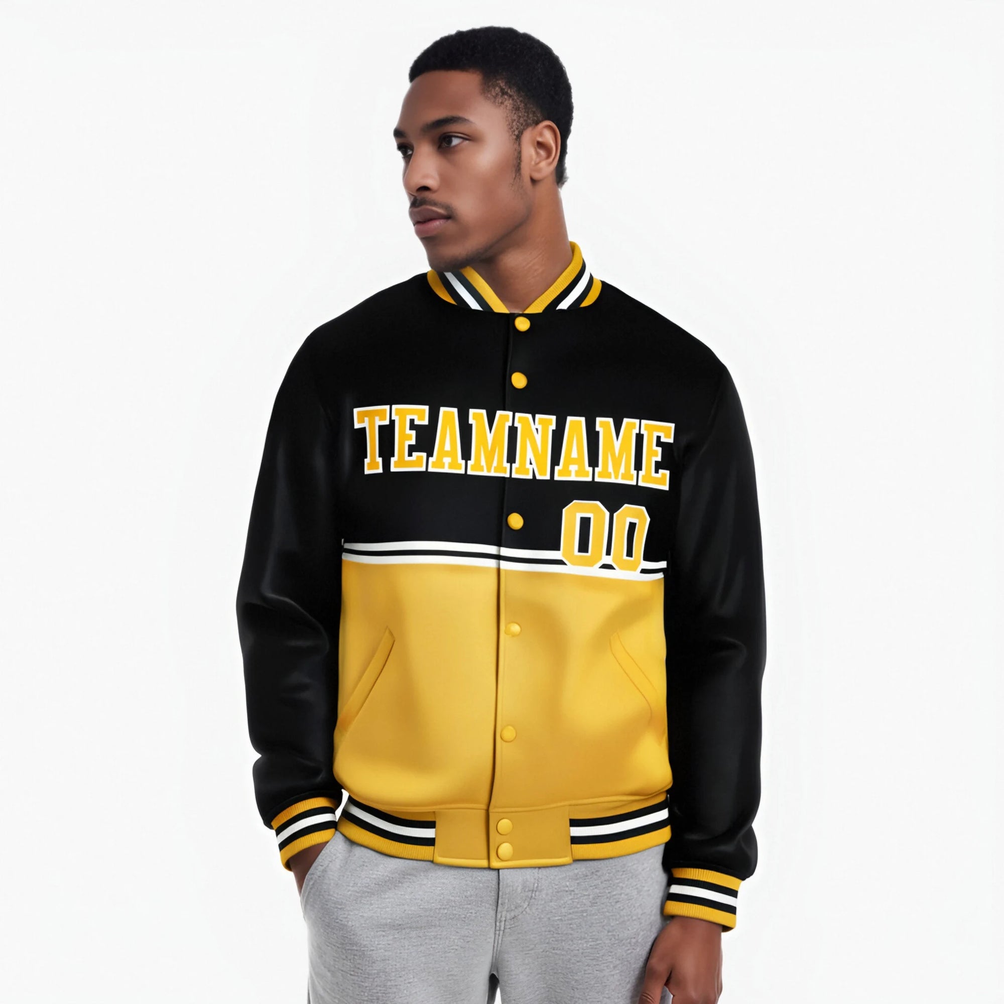 Custom Black-Gold-Black Varsity Full-Snap Letterman Color-Matching Split Fashion Jacket