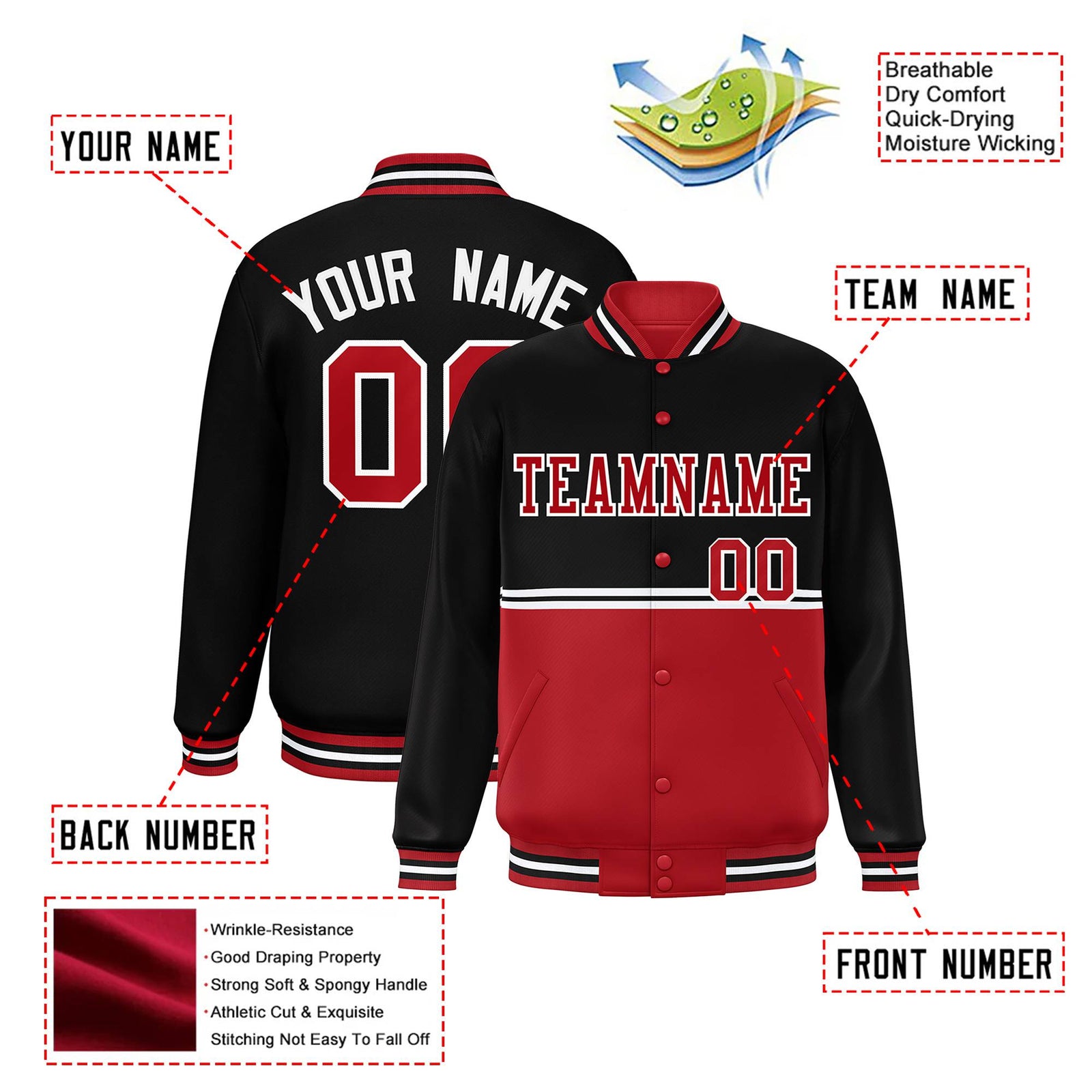 Custom Black-Red-Black Varsity Full-Snap Letterman Color-Matching Split Fashion Jacket