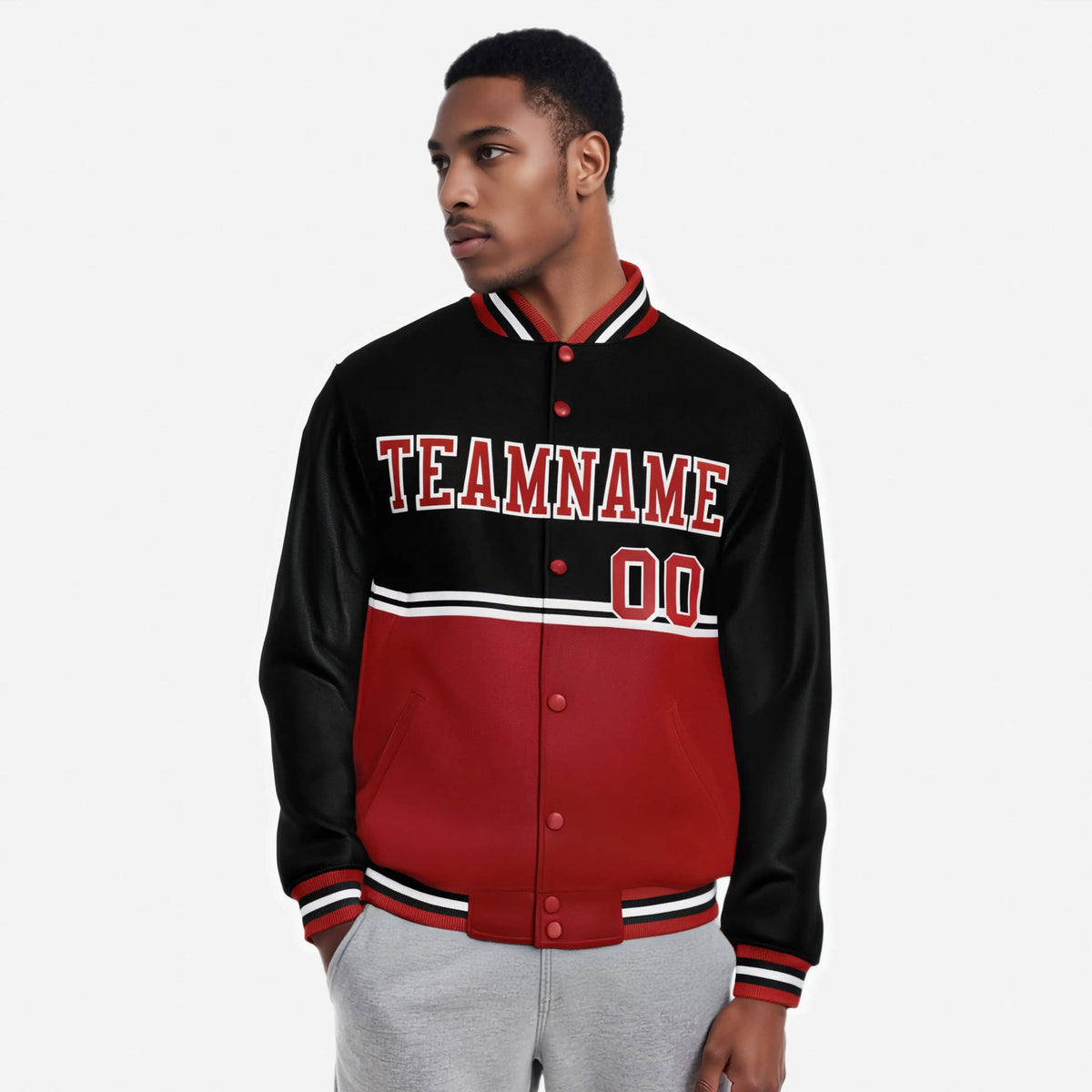 Custom Black-Red-Black Varsity Full-Snap Letterman Color-Matching Split Fashion Jacket