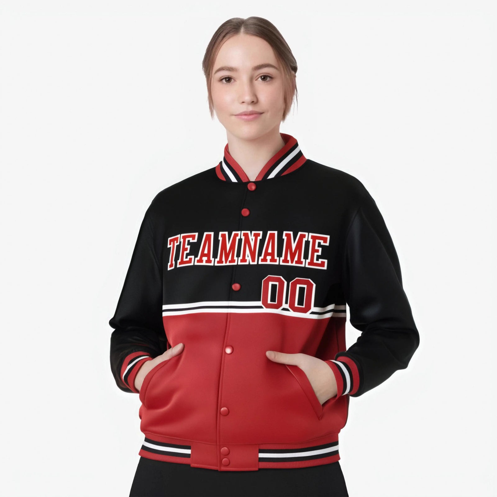 Custom Black-Red-Black Varsity Full-Snap Letterman Color-Matching Split Fashion Jacket