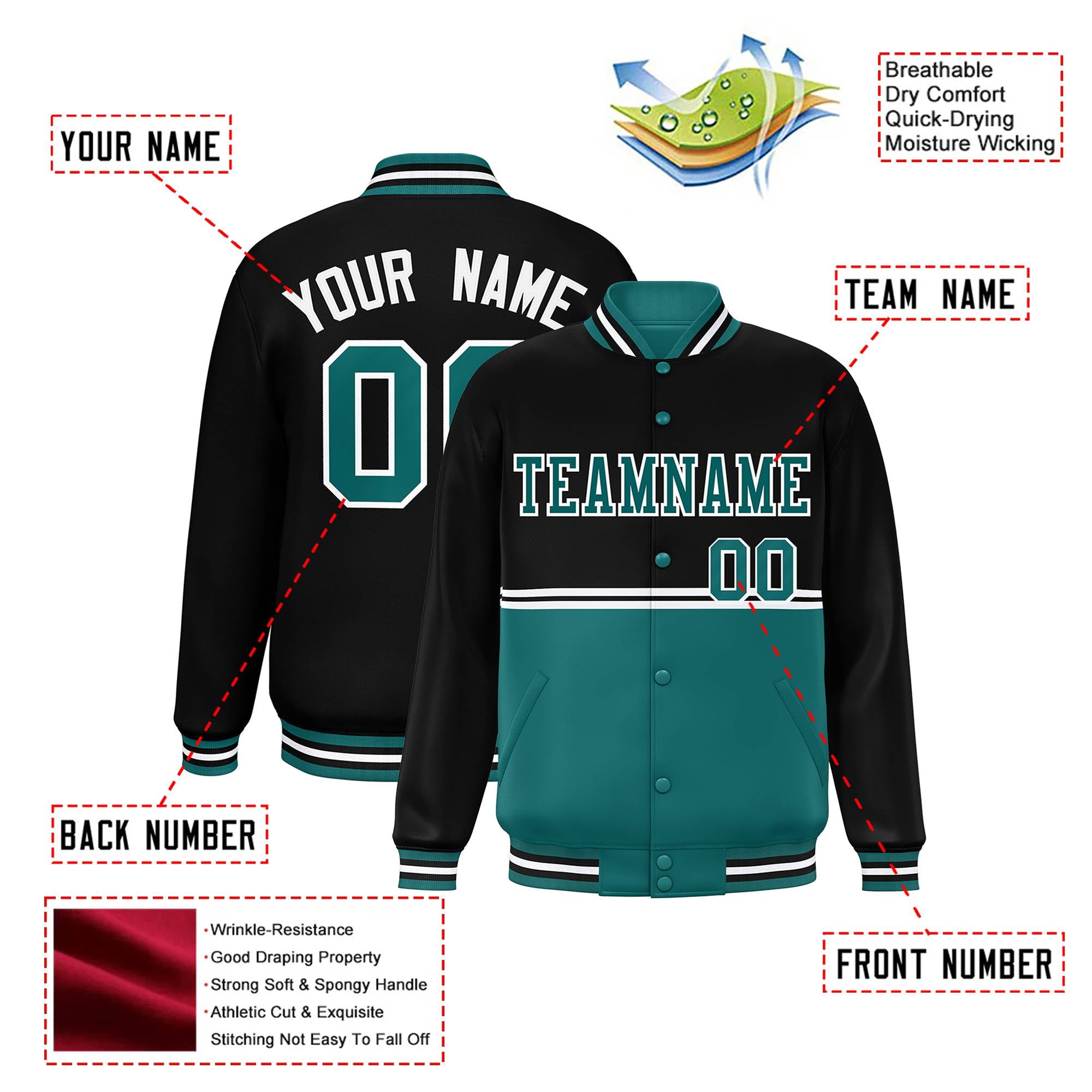 Custom Black-Aqua-Black Varsity Full-Snap Letterman Color-Matching Split Fashion Jacket