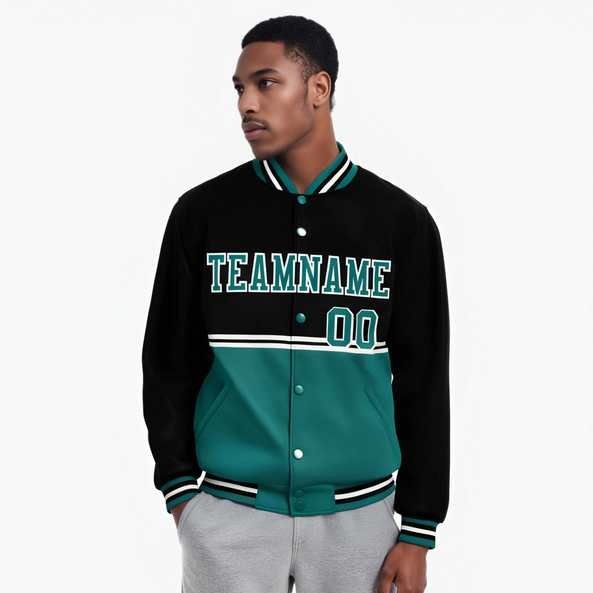 Custom Black-Aqua-Black Varsity Full-Snap Letterman Color-Matching Split Fashion Jacket