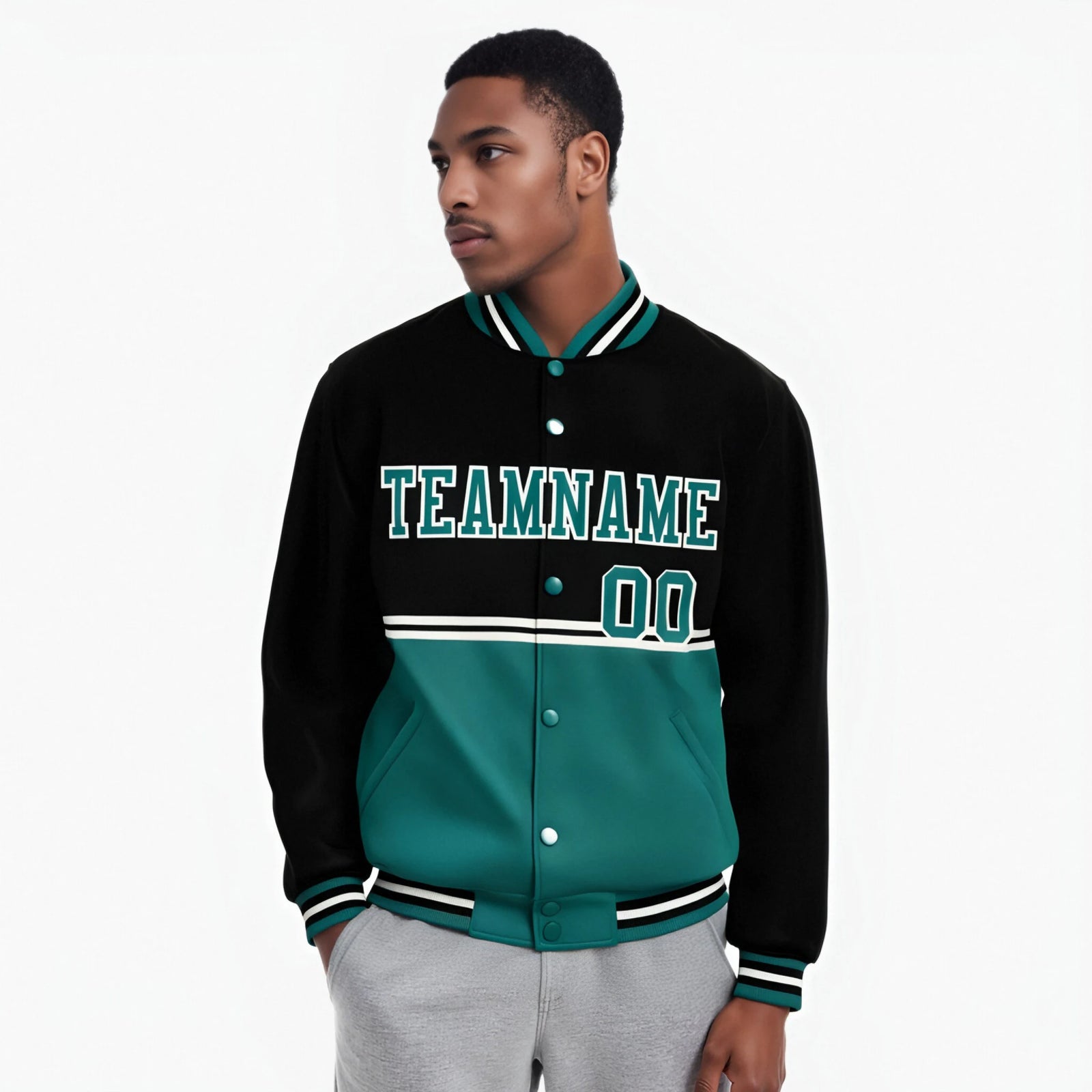 Custom Black-Aqua-Black Varsity Full-Snap Letterman Color-Matching Split Fashion Jacket