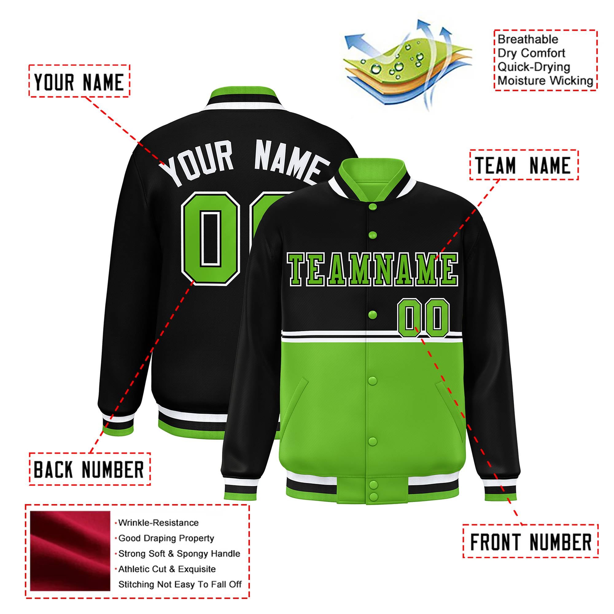 Custom Black-Neon Green-Black Varsity Full-Snap Letterman Color-Matching Split Fashion Jacket