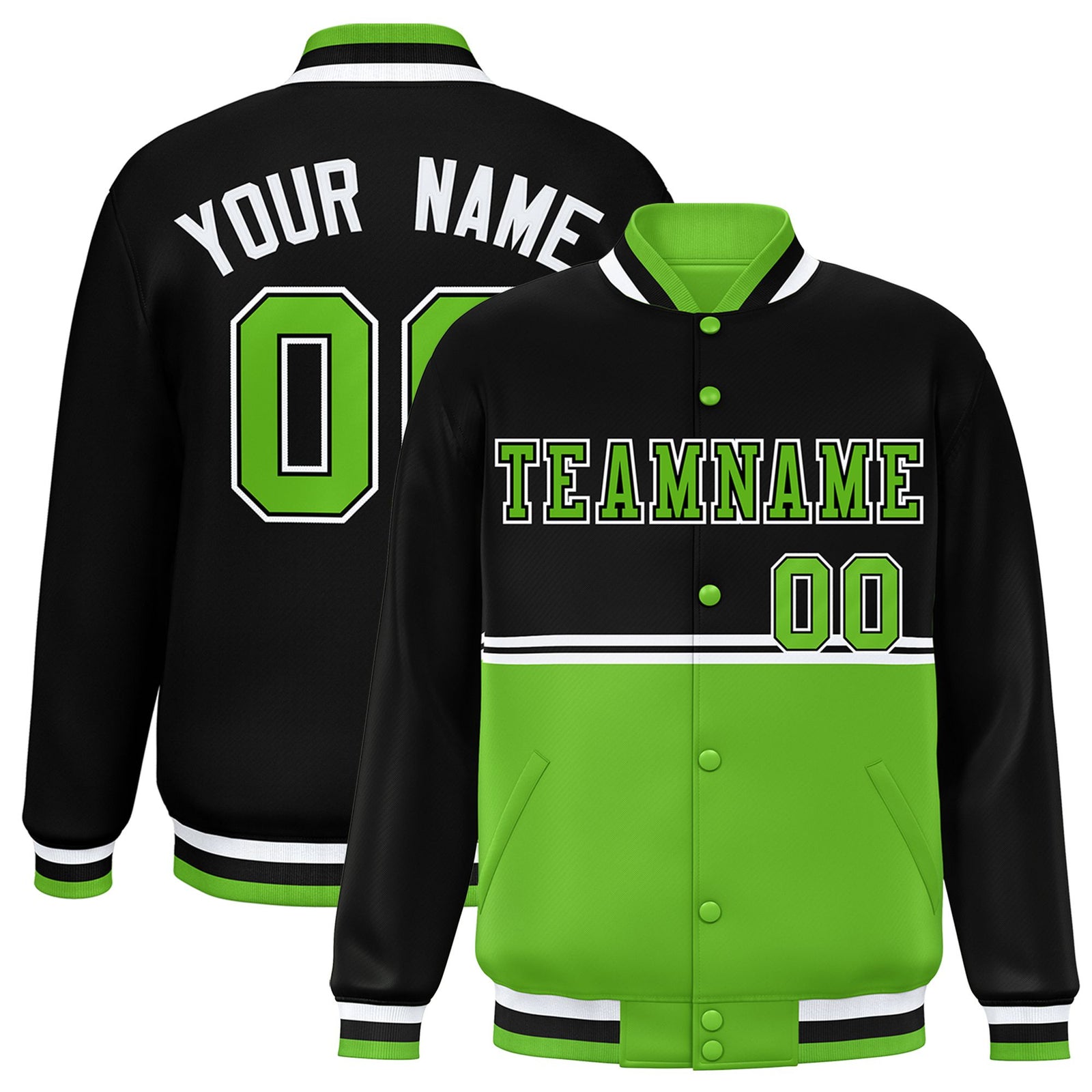 Custom Black-Neon Green-Black Varsity Full-Snap Letterman Color-Matching Split Fashion Jacket