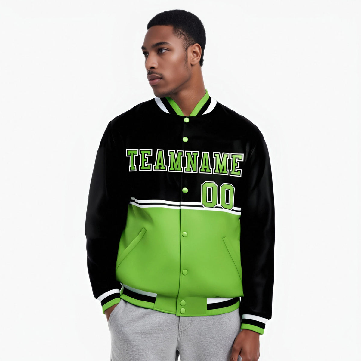 Custom Black-Neon Green-Black Varsity Full-Snap Letterman Color-Matching Split Fashion Jacket