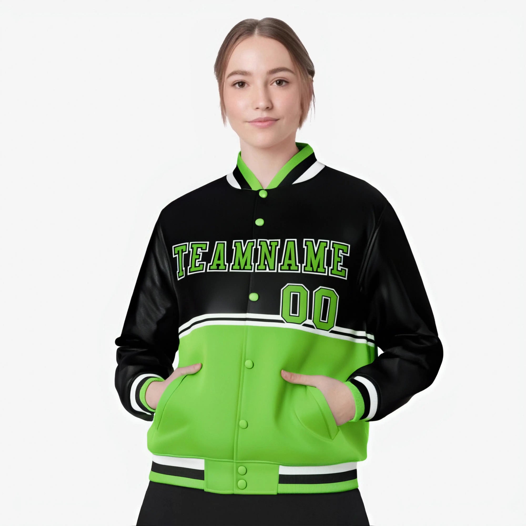 Custom Black-Neon Green-Black Varsity Full-Snap Letterman Color-Matching Split Fashion Jacket