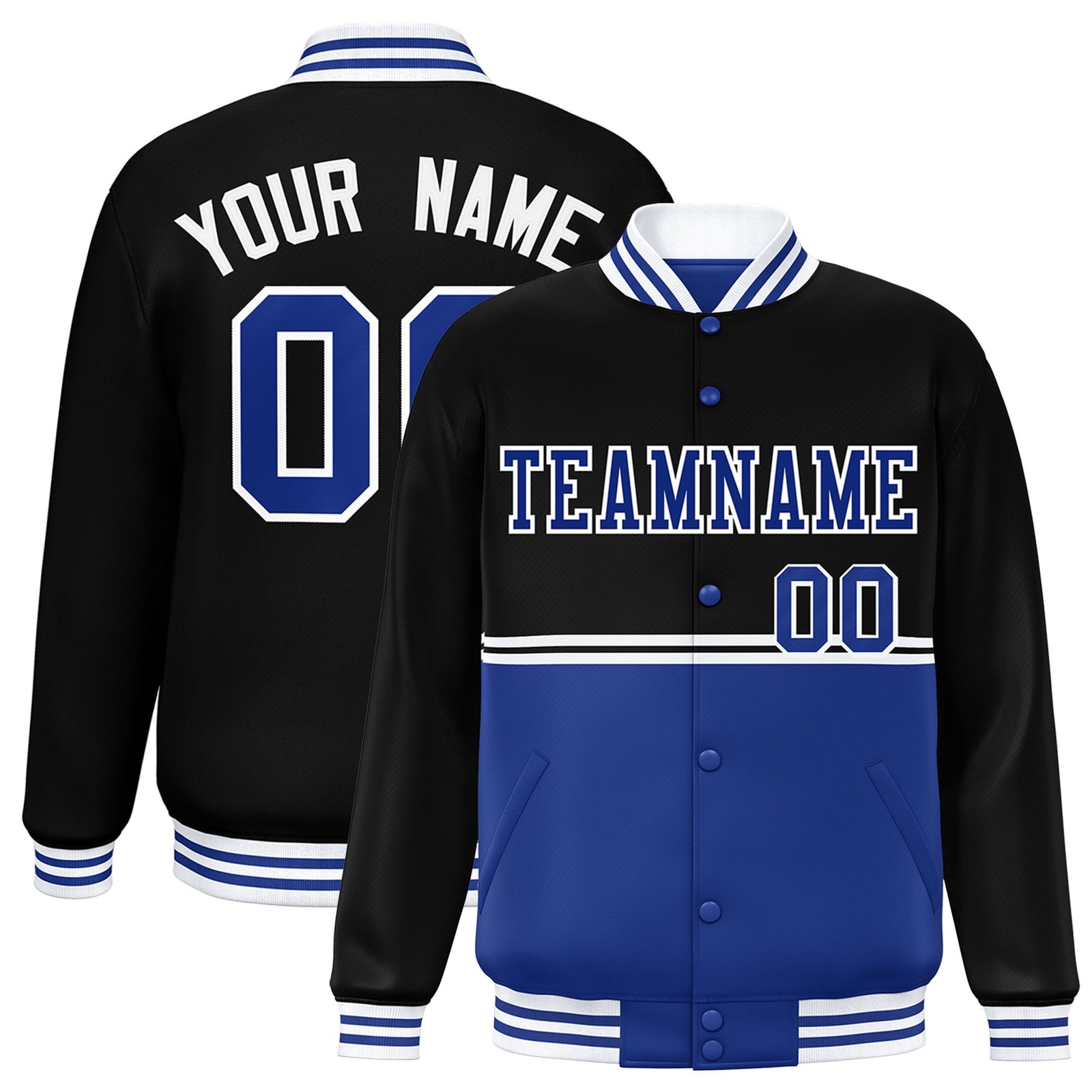 Custom Black-Royal Blue-Black Varsity Full-Snap Letterman Color-Matching Split Fashion Jacket
