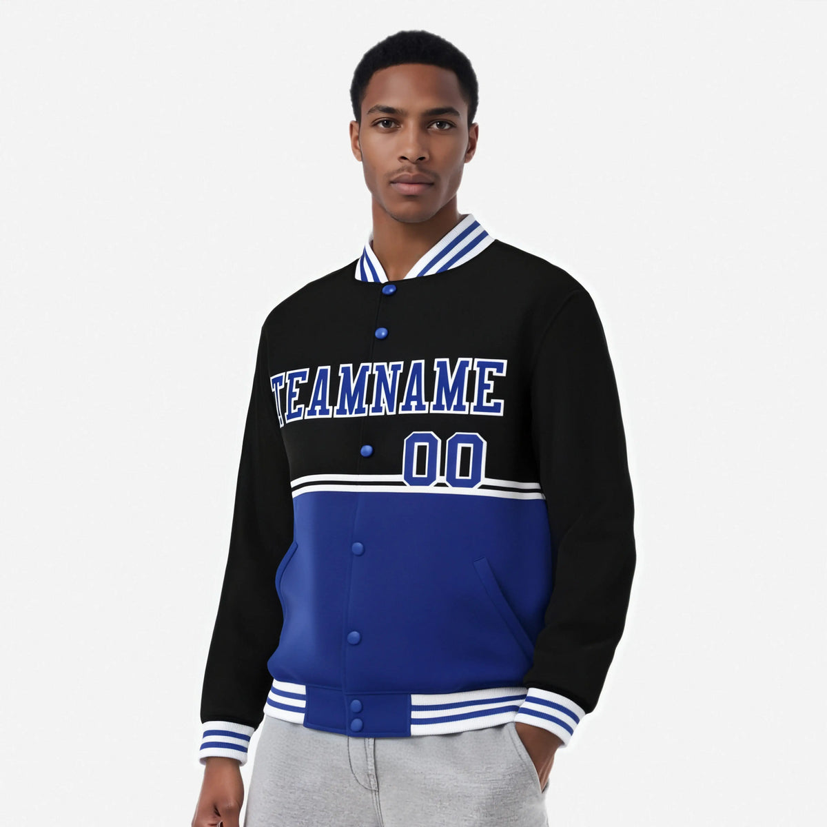 Custom Black-Royal Blue-Black Varsity Full-Snap Letterman Color-Matching Split Fashion Jacket