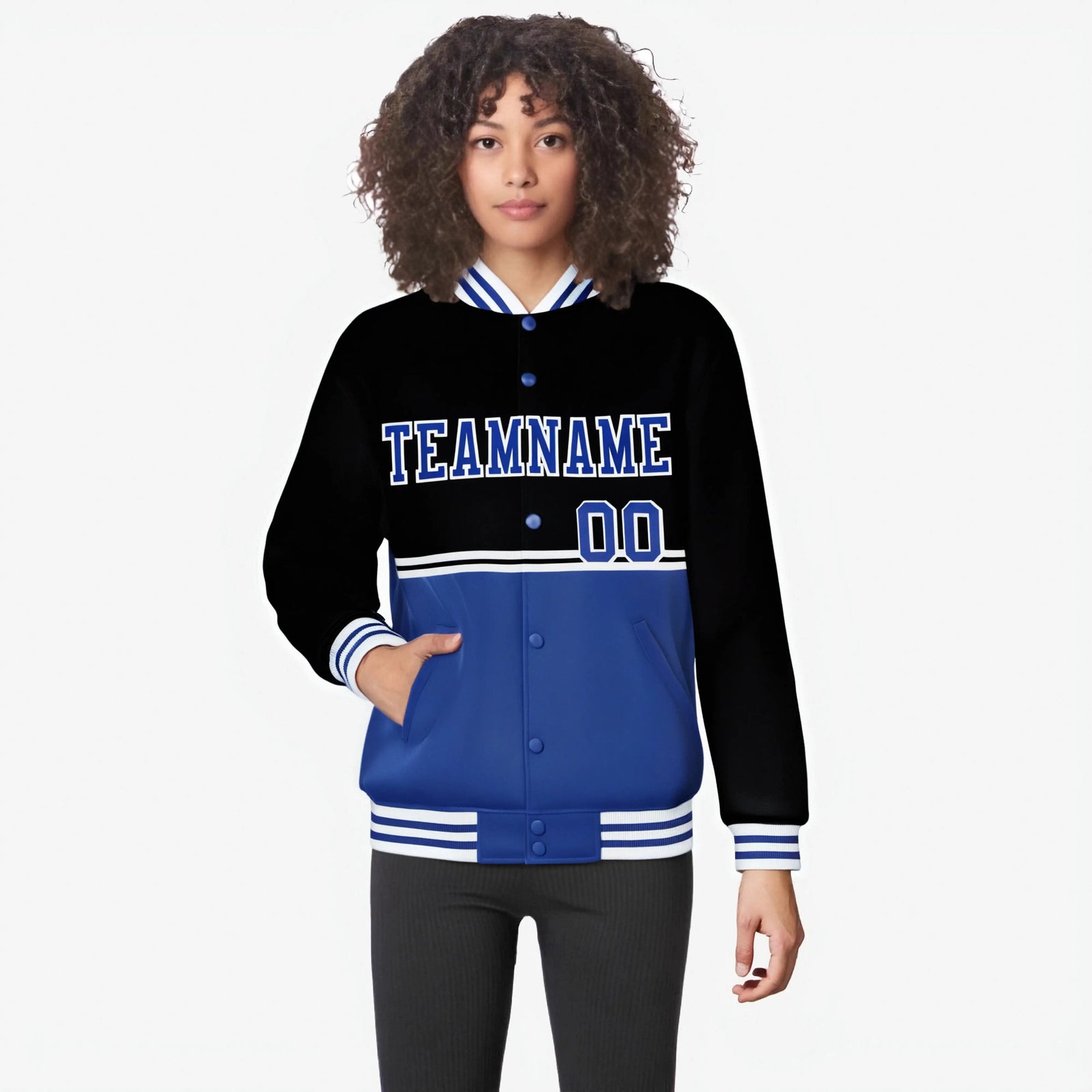 Custom Black-Royal Blue-Black Varsity Full-Snap Letterman Color-Matching Split Fashion Jacket