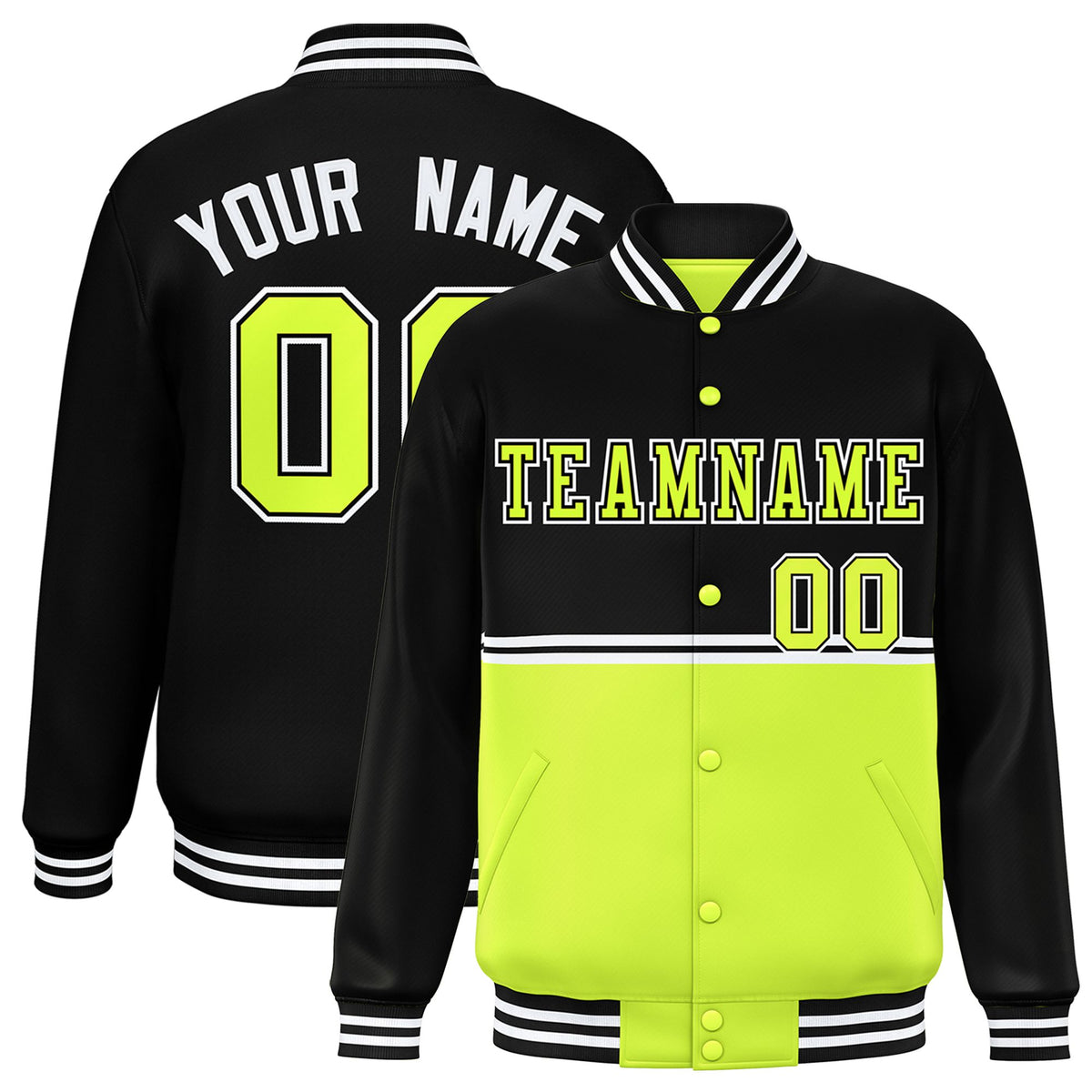 Custom Black-Fluorescent Green-Black Varsity Full-Snap Letterman Color-Matching Split Fashion Jacket