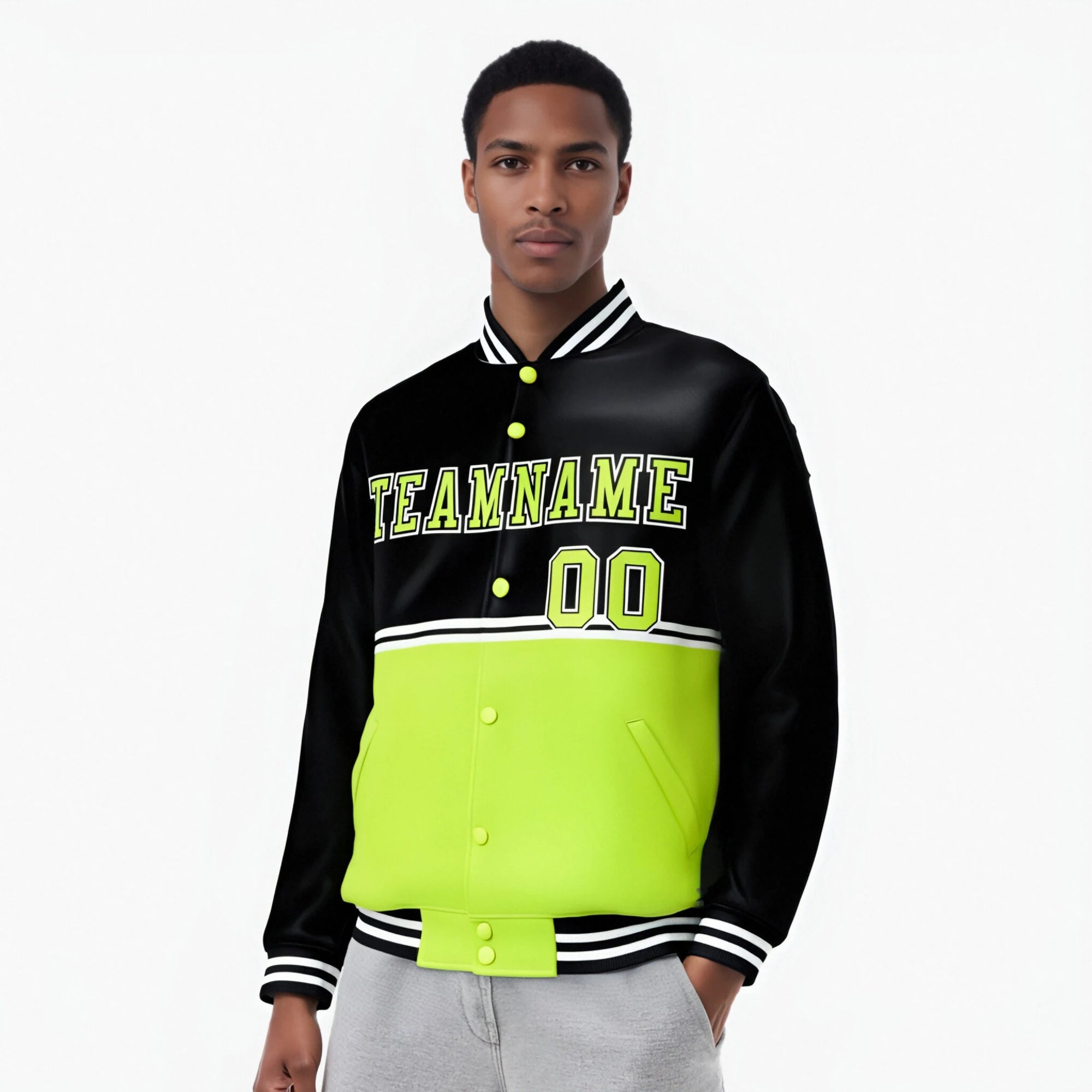 Custom Black-Fluorescent Green-Black Varsity Full-Snap Letterman Color-Matching Split Fashion Jacket