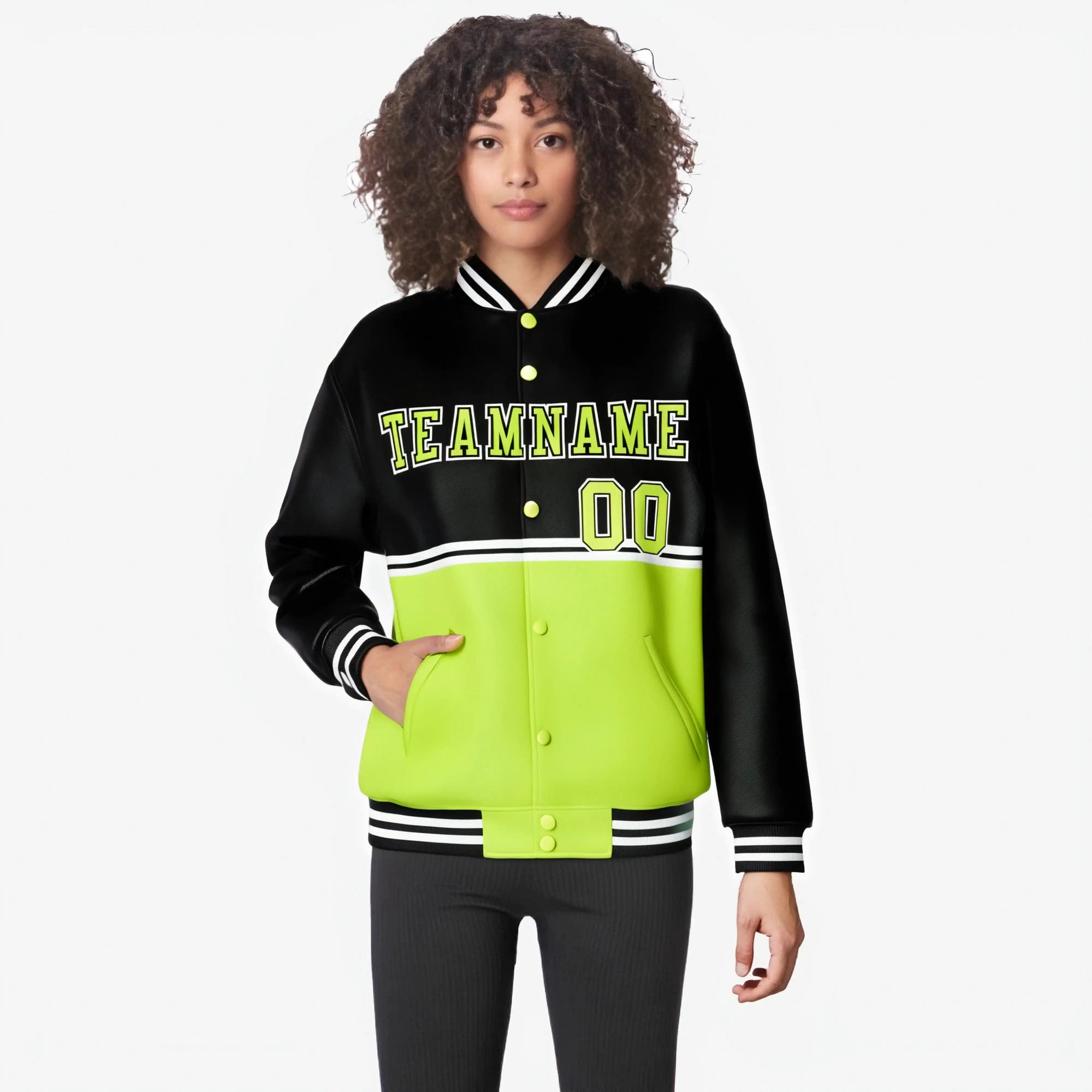 Custom Black-Fluorescent Green-Black Varsity Full-Snap Letterman Color-Matching Split Fashion Jacket