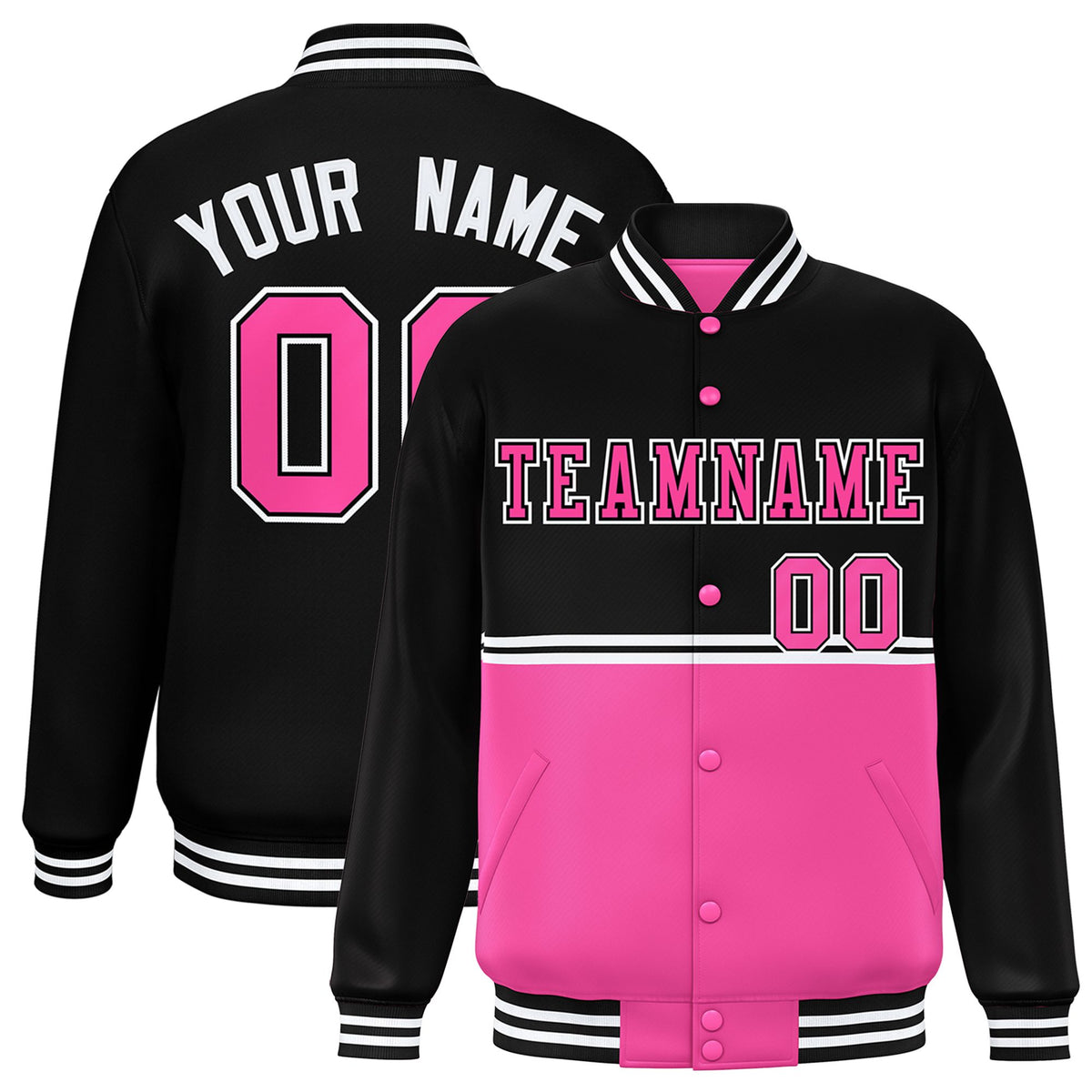 Custom Black-Pink-Black Varsity Full-Snap Letterman Color-Matching Split Fashion Jacket