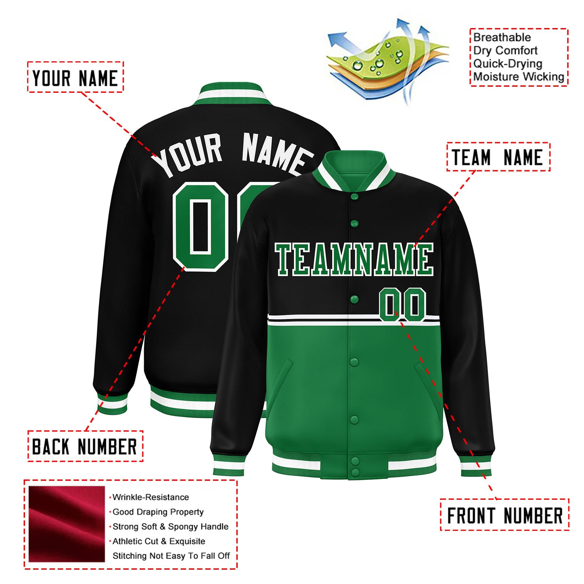 Custom Black-Kelly Green-Black Varsity Full-Snap Letterman Color-Matching Split Fashion Jacket