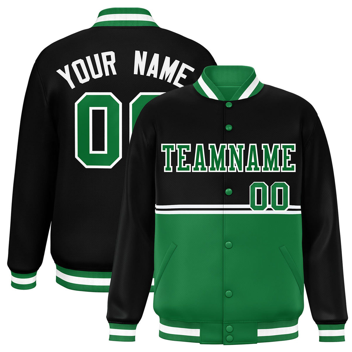 Custom Black-Kelly Green-Black Varsity Full-Snap Letterman Color-Matching Split Fashion Jacket