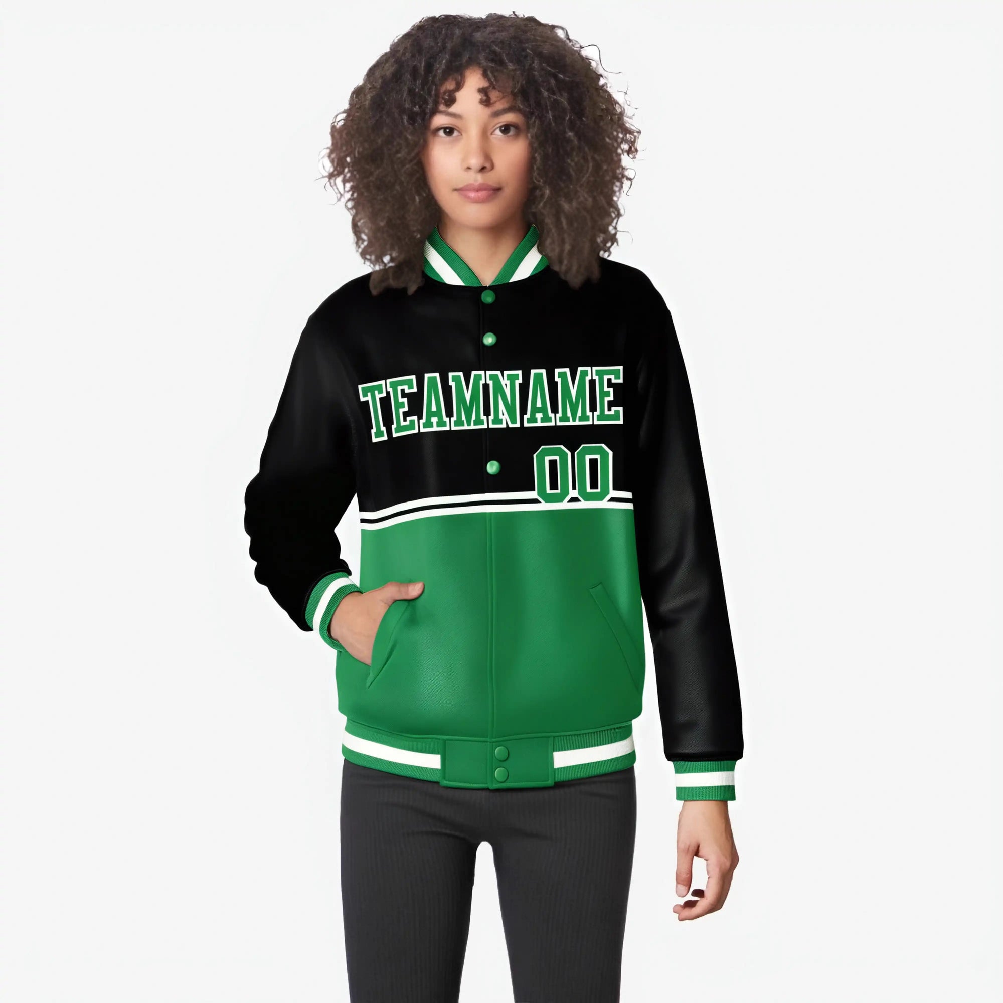 Custom Black-Kelly Green-Black Varsity Full-Snap Letterman Color-Matching Split Fashion Jacket