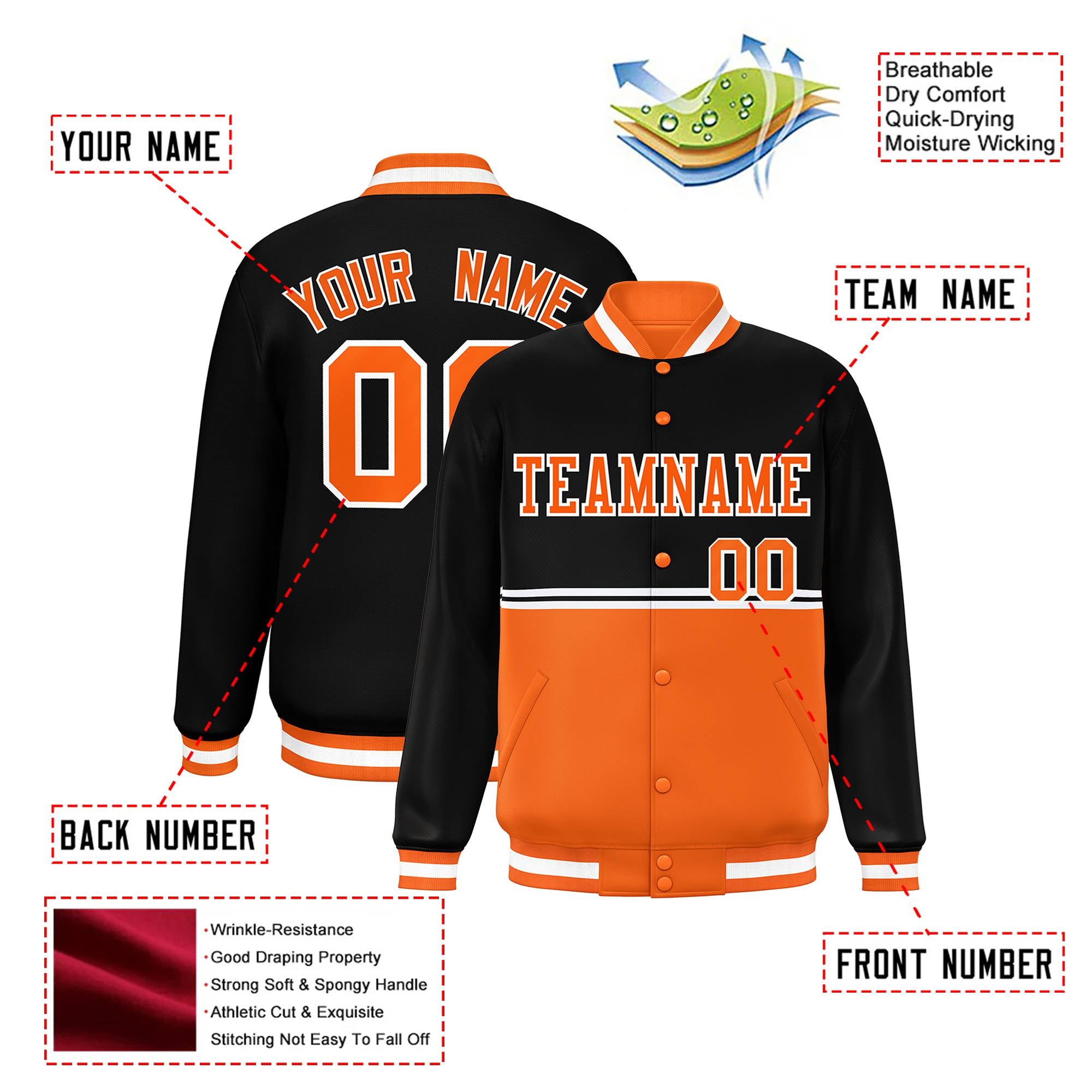 Custom Black-Orange-Black Varsity Full-Snap Letterman Color-Matching Split Fashion Jacket