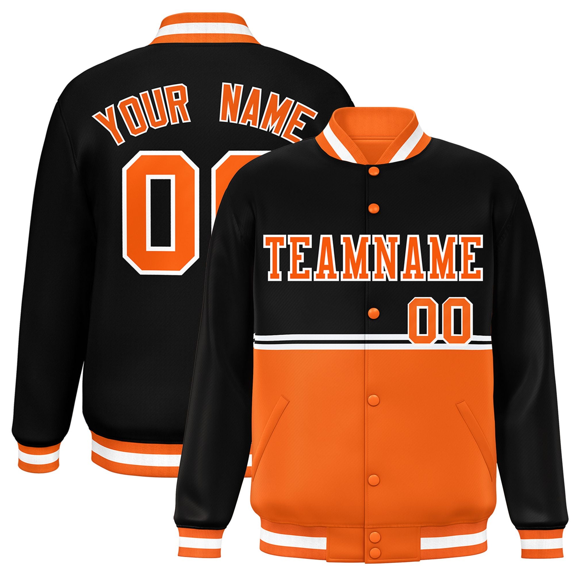 Custom Black-Orange-Black Varsity Full-Snap Letterman Color-Matching Split Fashion Jacket