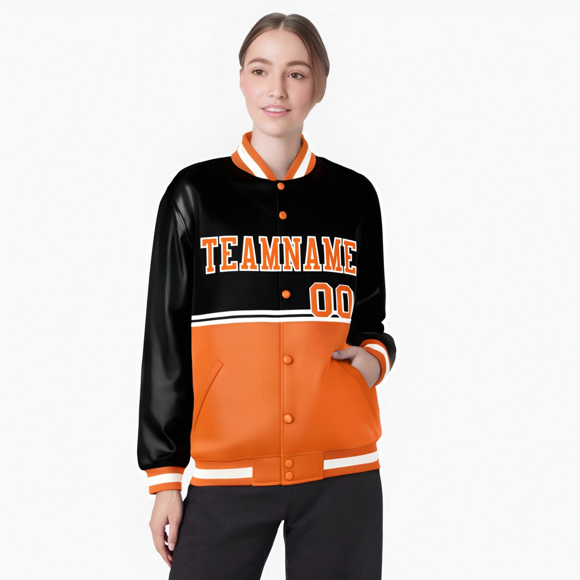 Custom Black-Orange-Black Varsity Full-Snap Letterman Color-Matching Split Fashion Jacket