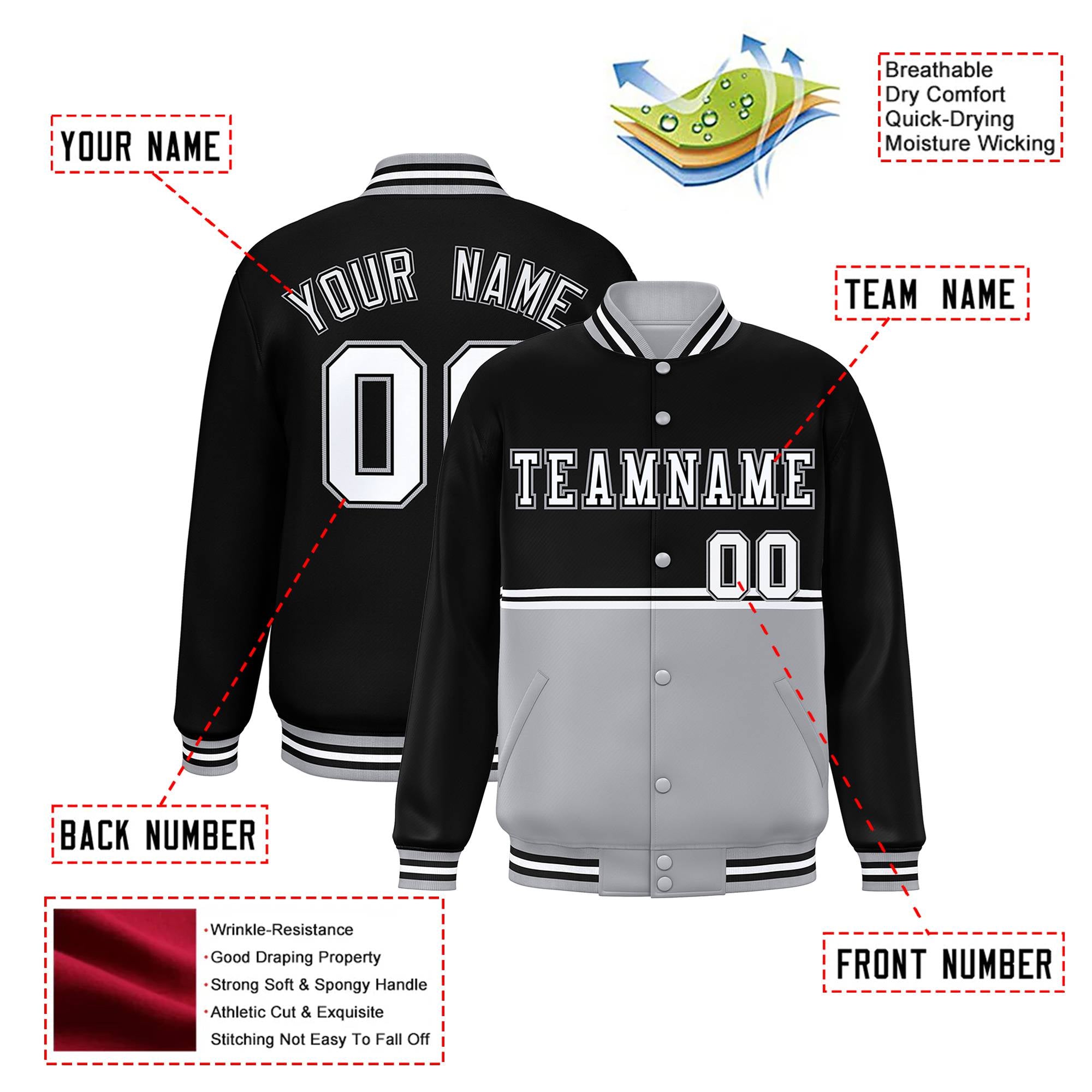 Custom Black-Gray-Black Varsity Full-Snap Letterman Color-Matching Split Fashion Jacket