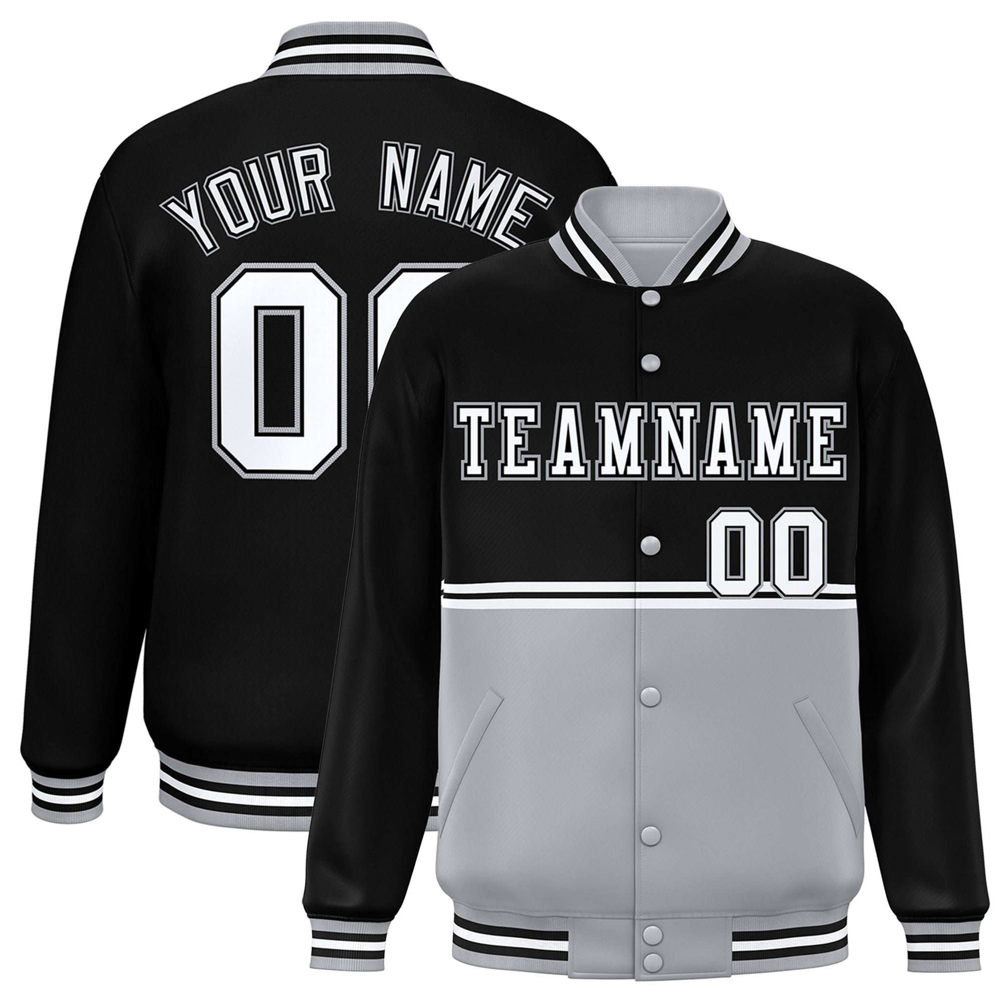 Custom Black-Gray-Black Varsity Full-Snap Letterman Color-Matching Split Fashion Jacket