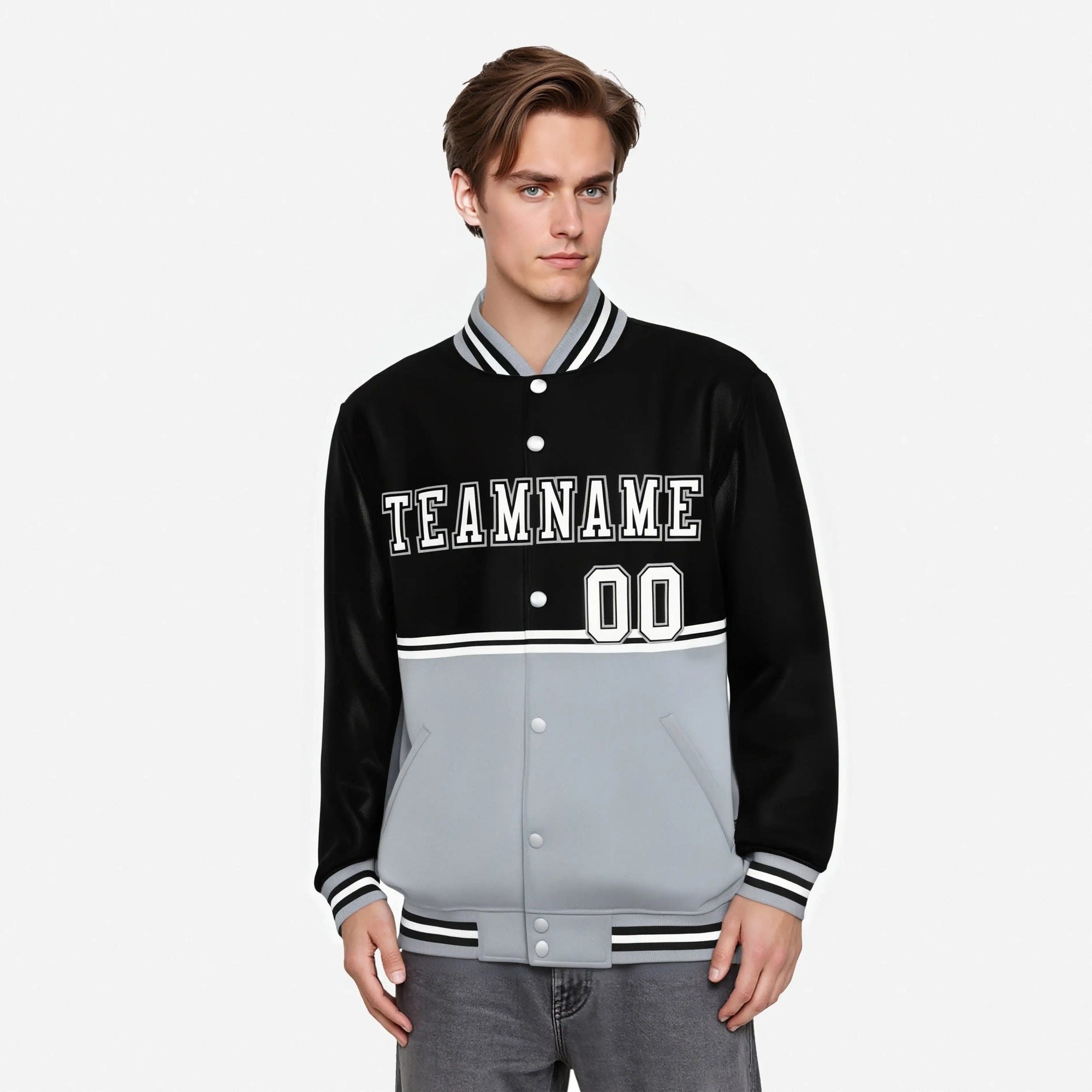 Custom Black-Gray-Black Varsity Full-Snap Letterman Color-Matching Split Fashion Jacket