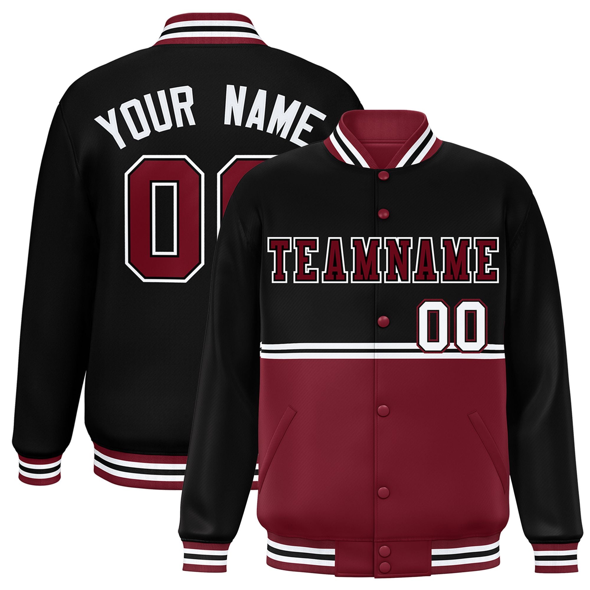 Custom Black-Crimson-Black Varsity Full-Snap Letterman Color-Matching Split Fashion Jacket