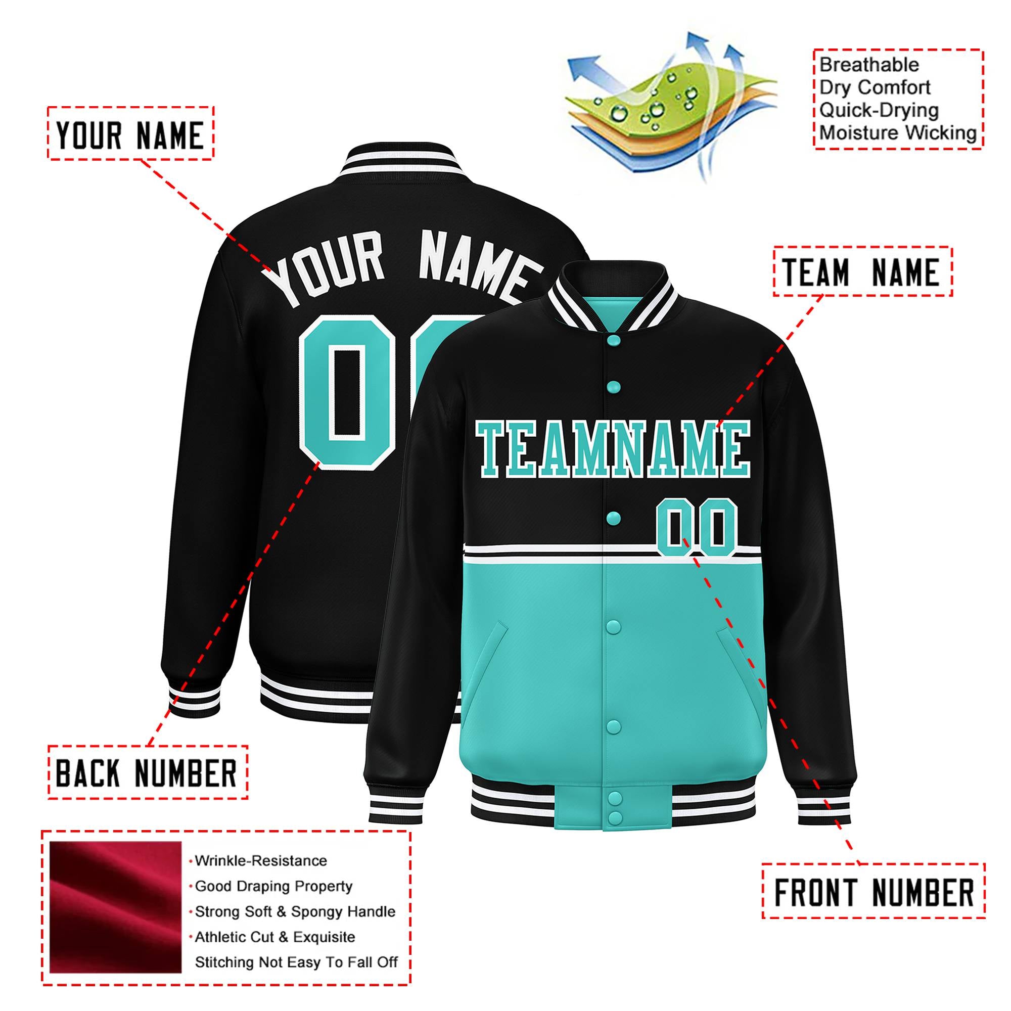 Custom Black-Aqua-Black Varsity Full-Snap Letterman Color-Matching Split Fashion Jacket