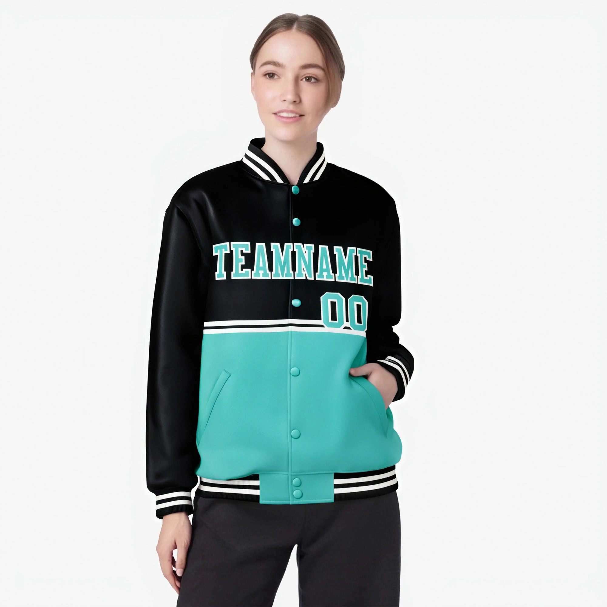 Custom Black-Aqua-Black Varsity Full-Snap Letterman Color-Matching Split Fashion Jacket