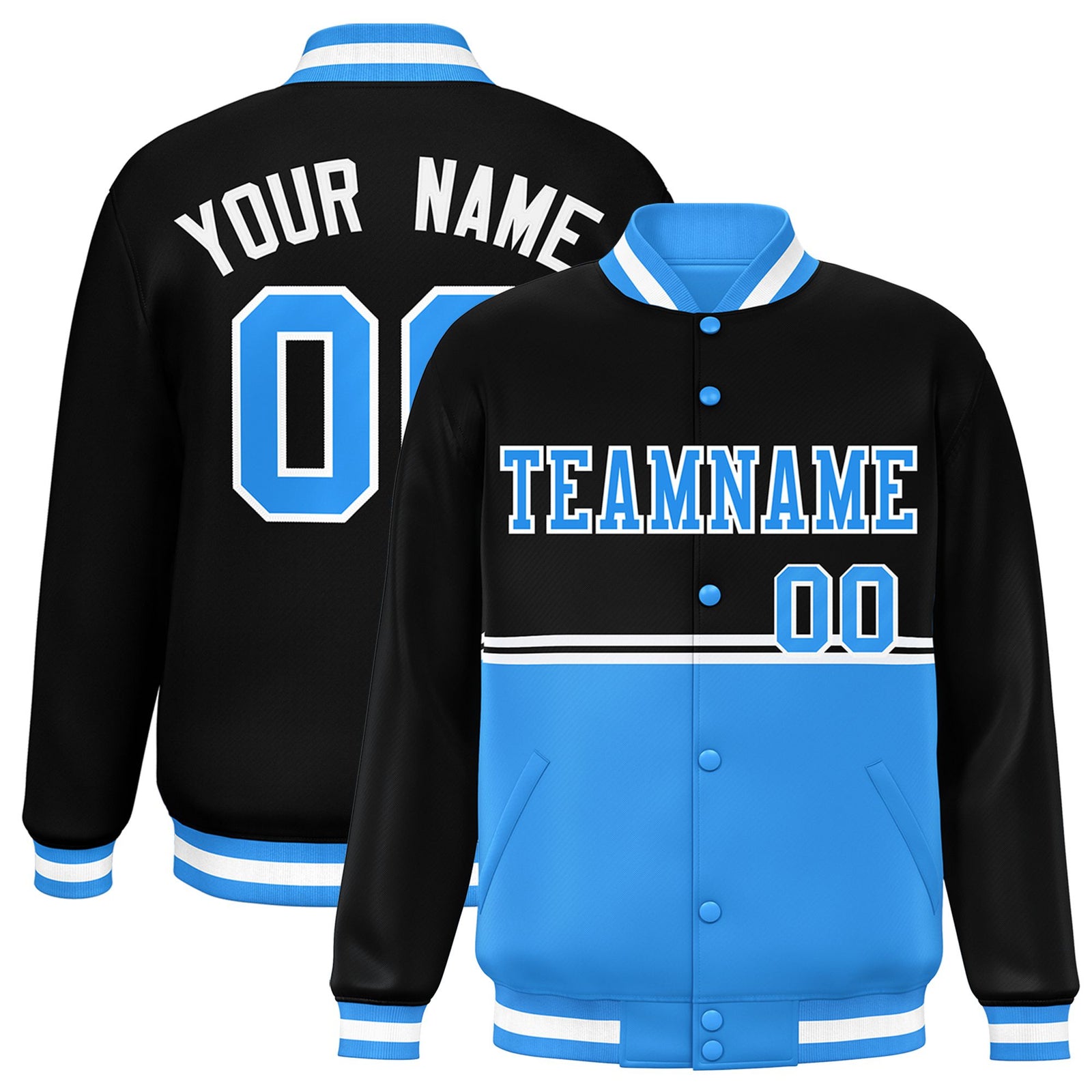 Custom Black-Powder Blue-Black Varsity Full-Snap Letterman Color-Matching Split Fashion Jacket