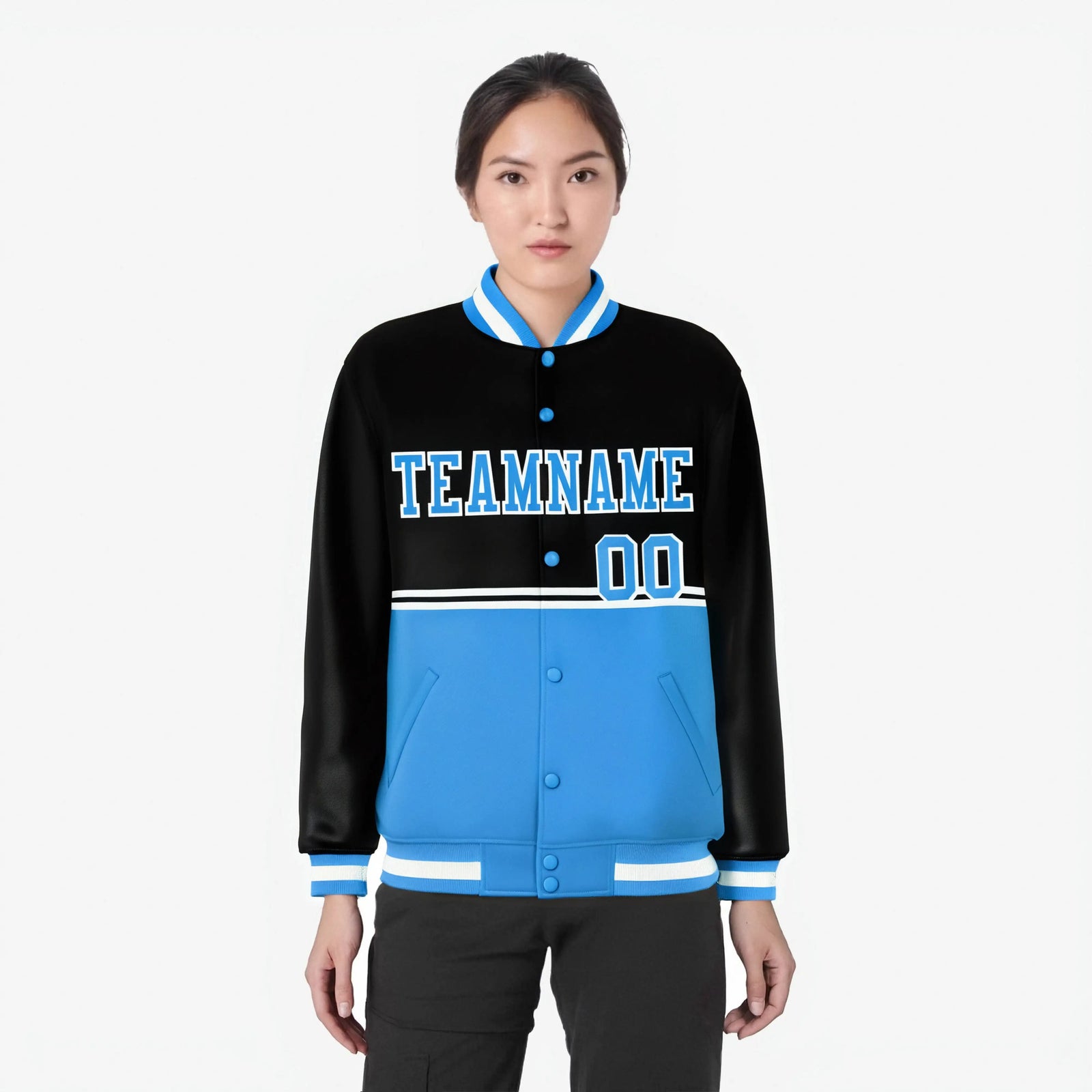 Custom Black-Powder Blue-Black Varsity Full-Snap Letterman Color-Matching Split Fashion Jacket