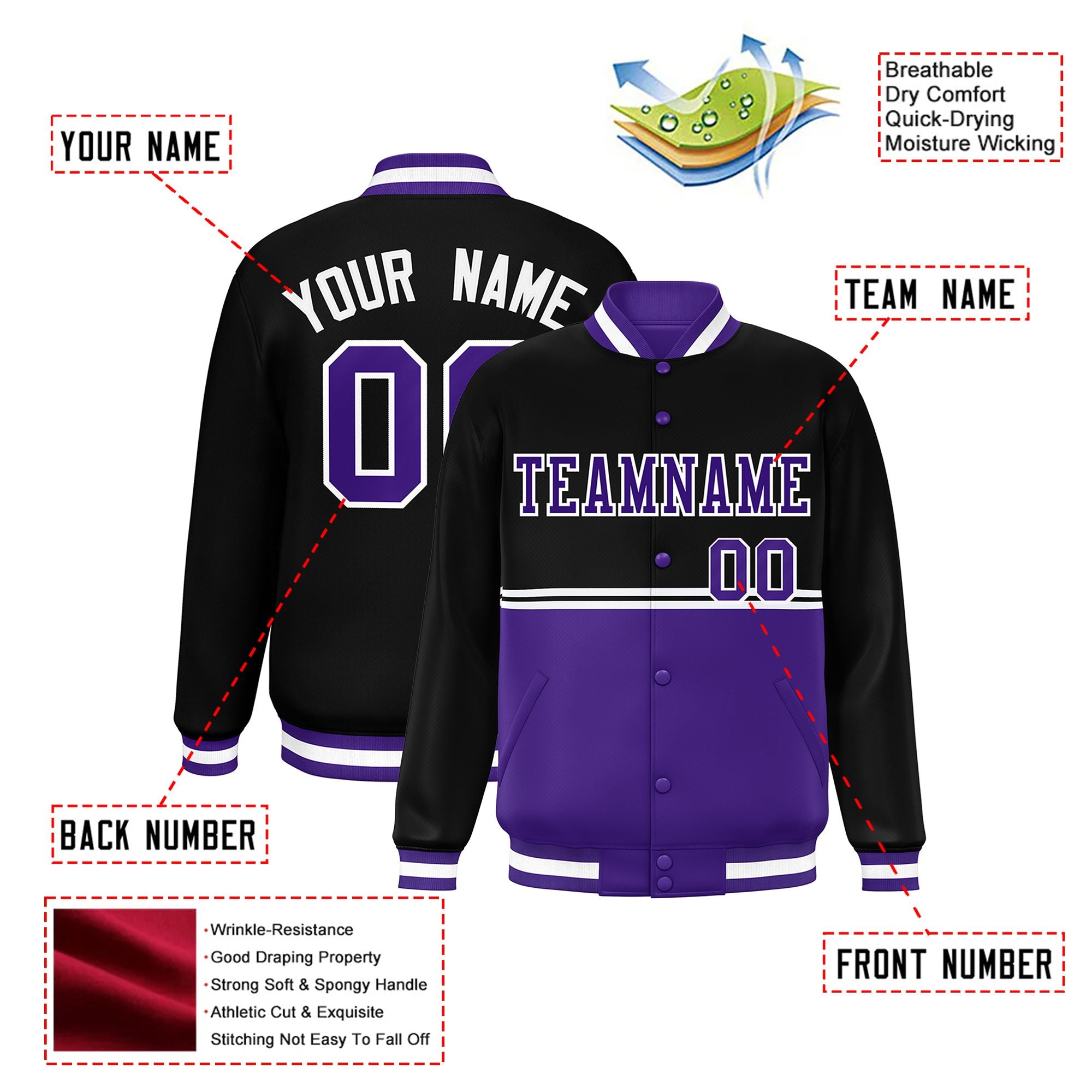 Custom Black-Purple-Black Varsity Full-Snap Letterman Color-Matching Split Fashion Jacket