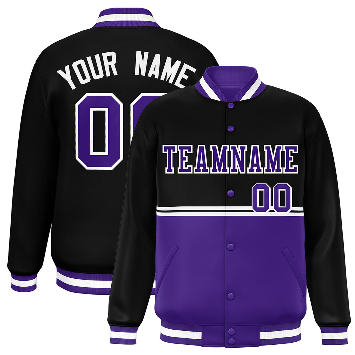 Custom Black-Purple-Black Varsity Full-Snap Letterman Color-Matching Split Fashion Jacket