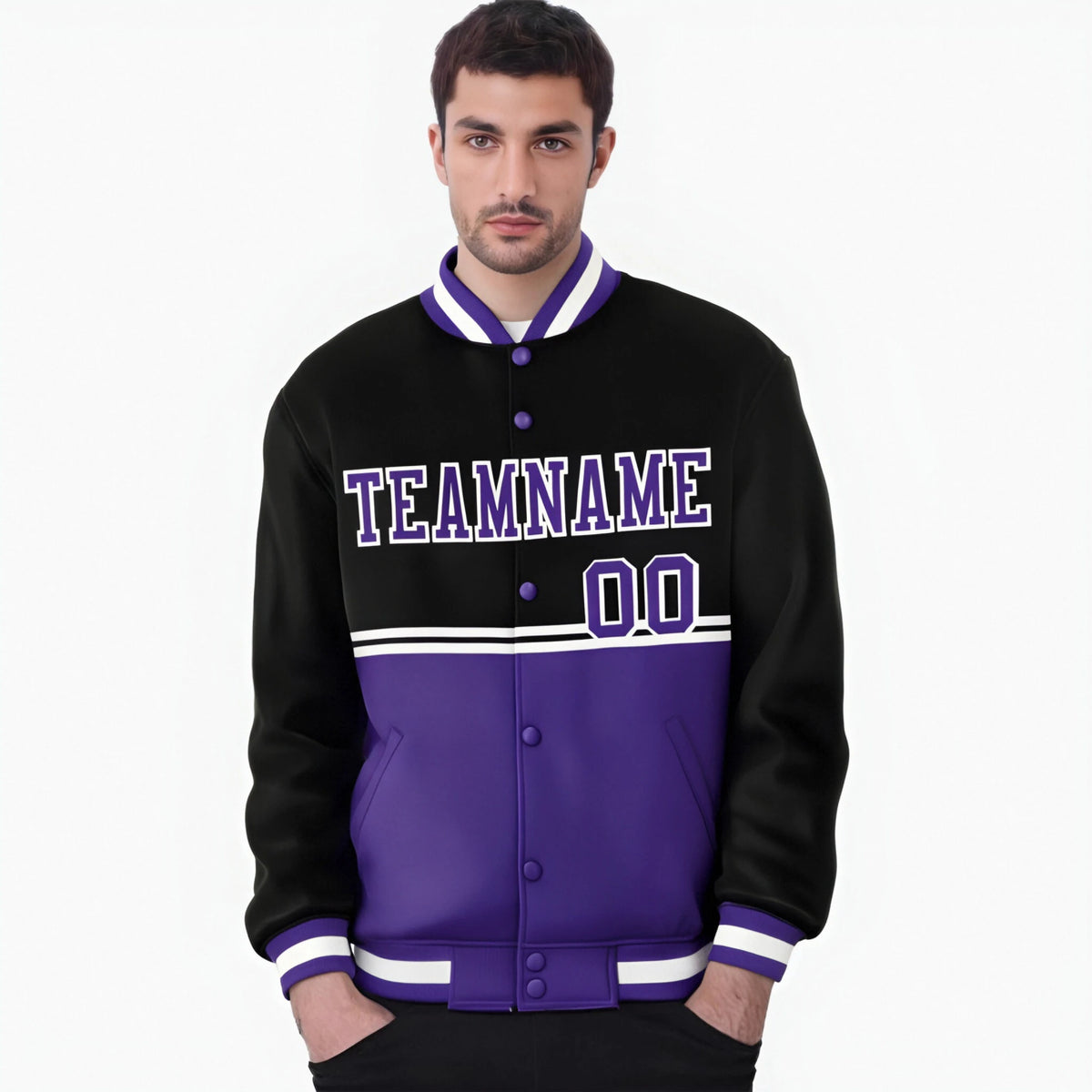 Custom Black-Purple-Black Varsity Full-Snap Letterman Color-Matching Split Fashion Jacket