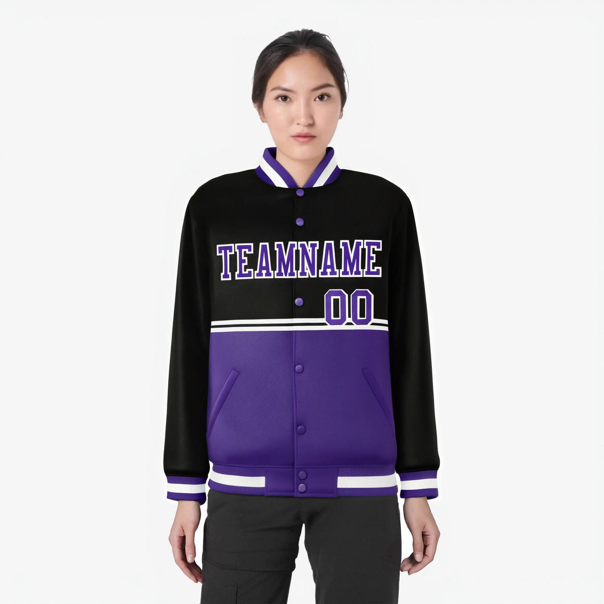 Custom Black-Purple-Black Varsity Full-Snap Letterman Color-Matching Split Fashion Jacket
