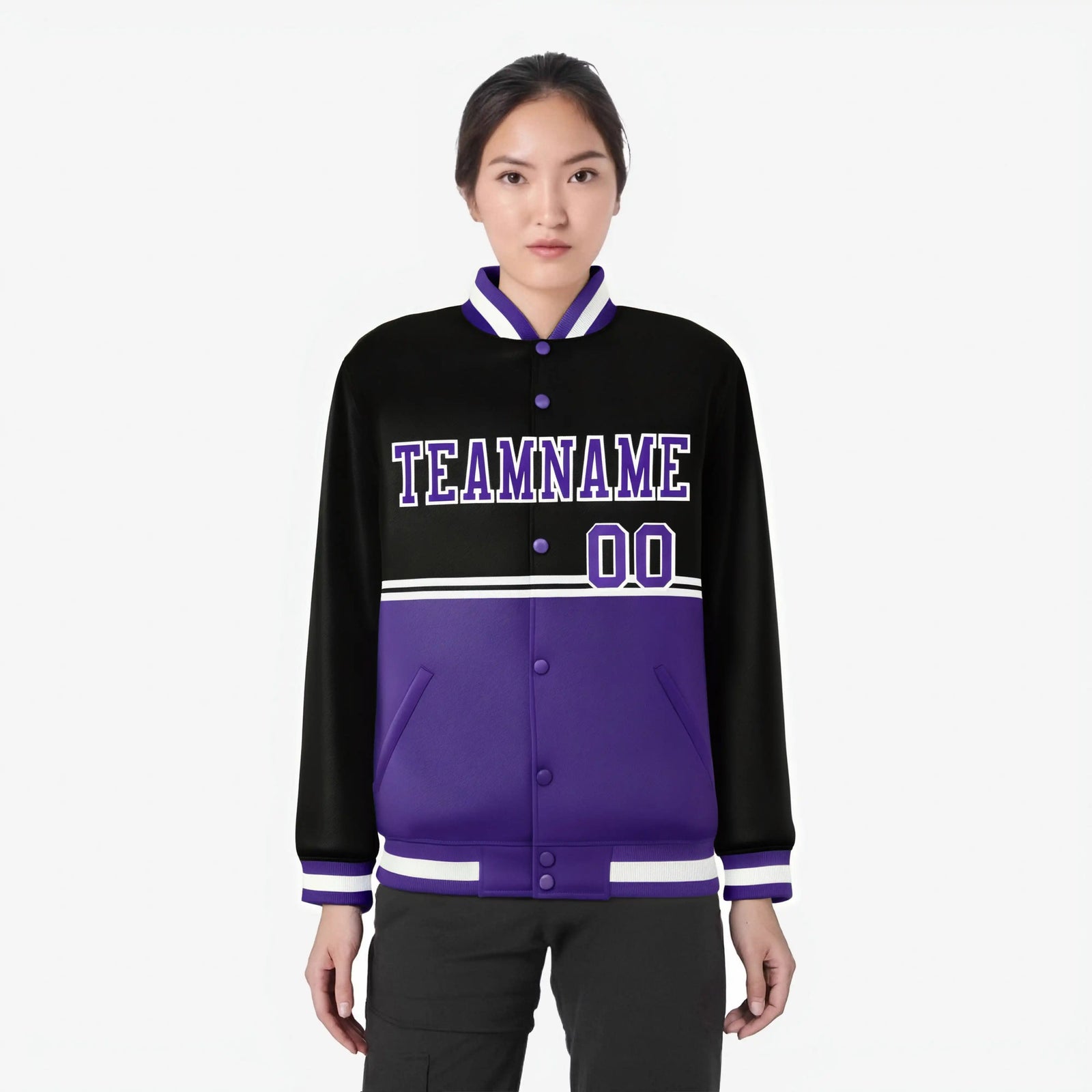 Custom Black-Purple-Black Varsity Full-Snap Letterman Color-Matching Split Fashion Jacket
