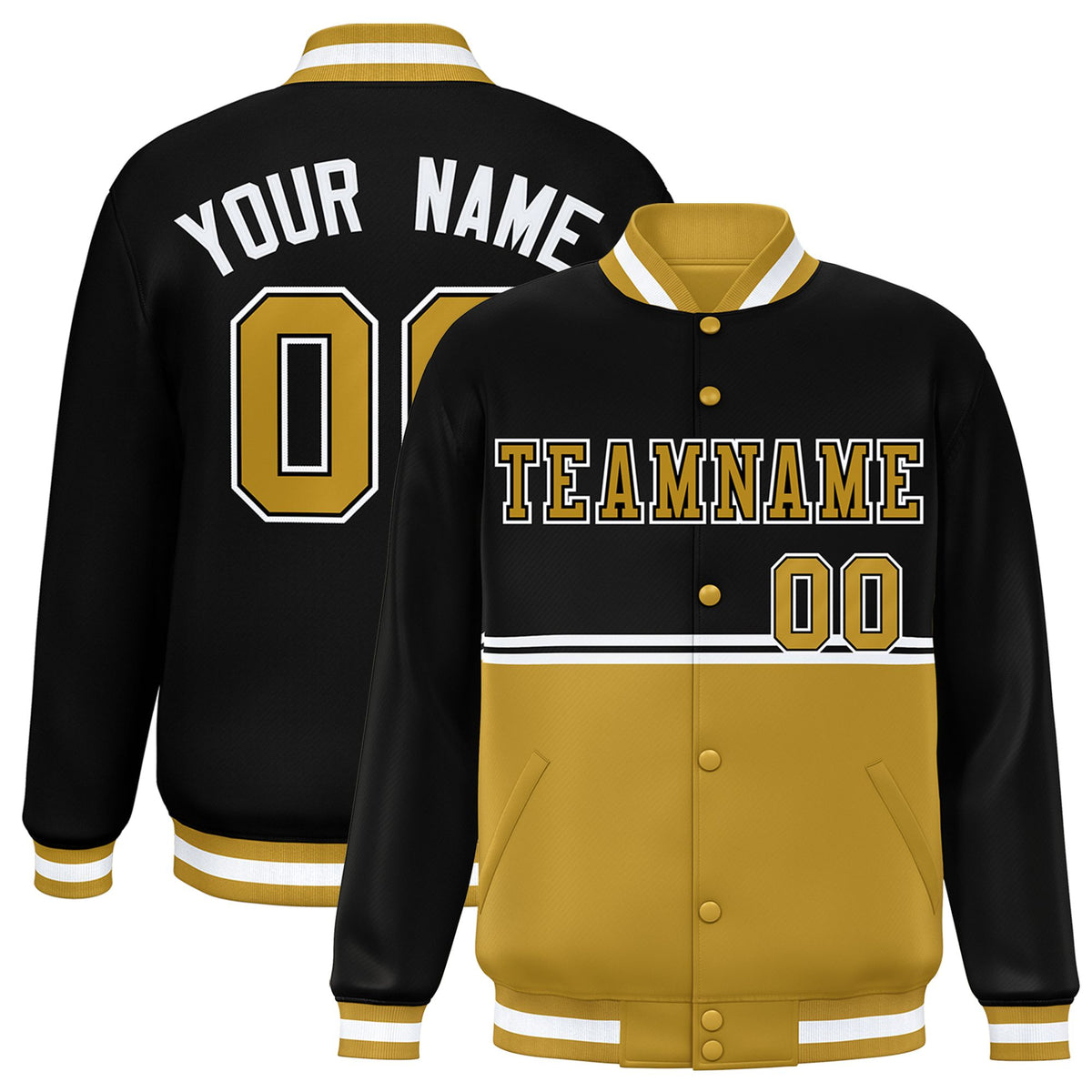 Custom Black-Old Gold-Black Varsity Full-Snap Letterman Color-Matching Split Fashion Jacket