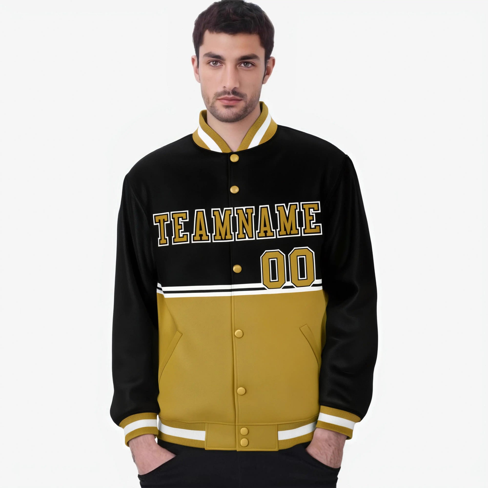 Custom Black-Old Gold-Black Varsity Full-Snap Letterman Color-Matching Split Fashion Jacket