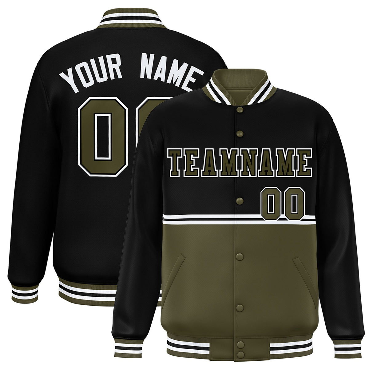 Custom Black-Olive-Black Varsity Full-Snap Letterman Color-Matching Split Fashion Jacket