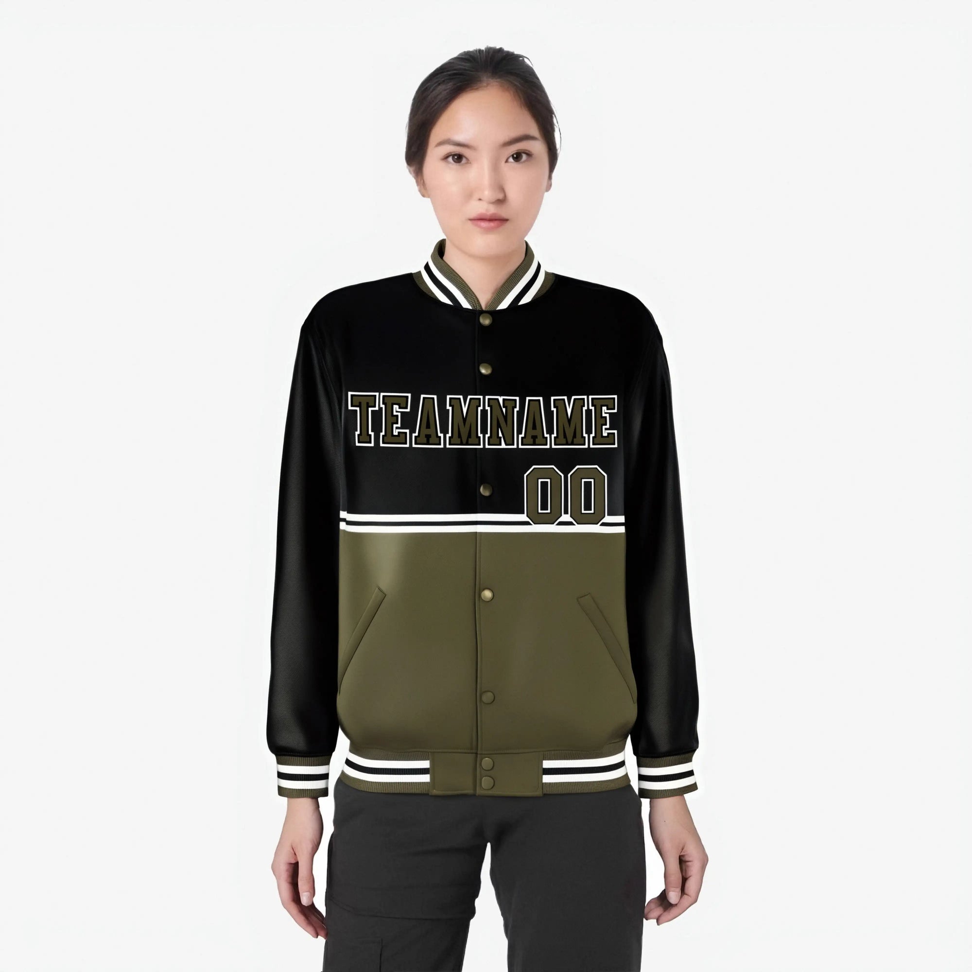 Custom Black-Olive-Black Varsity Full-Snap Letterman Color-Matching Split Fashion Jacket