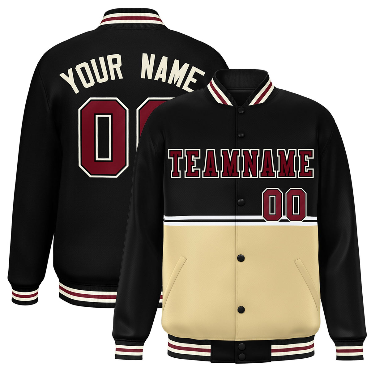 Custom Black-Cream-Black Varsity Full-Snap Letterman Color-Matching Split Fashion Jacket